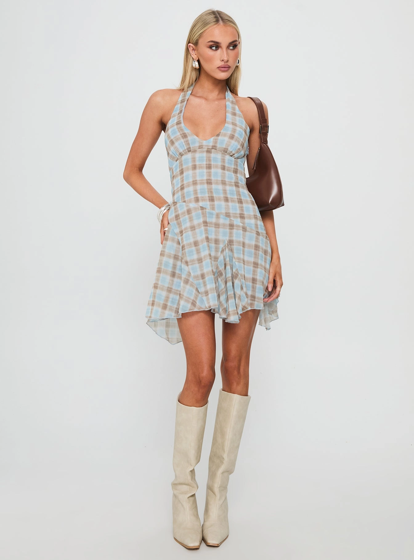 Valorie Halter Mini Dress Blue Check Casual Vibes Subtle Stitch