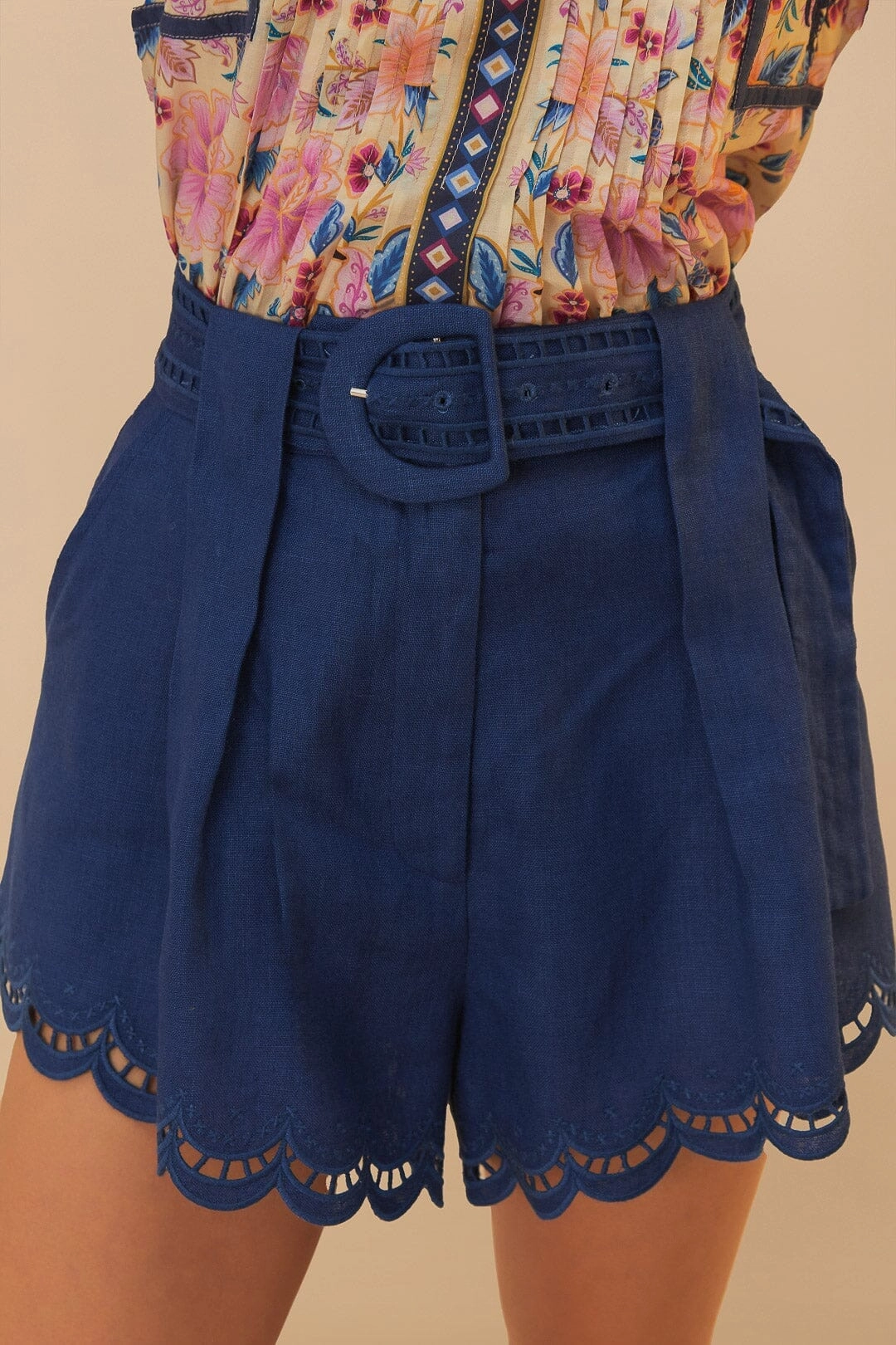 Navy Blue Richelieu Belted Euroflax? Premium Linen Shorts Sporty Fit Design Elastic waist