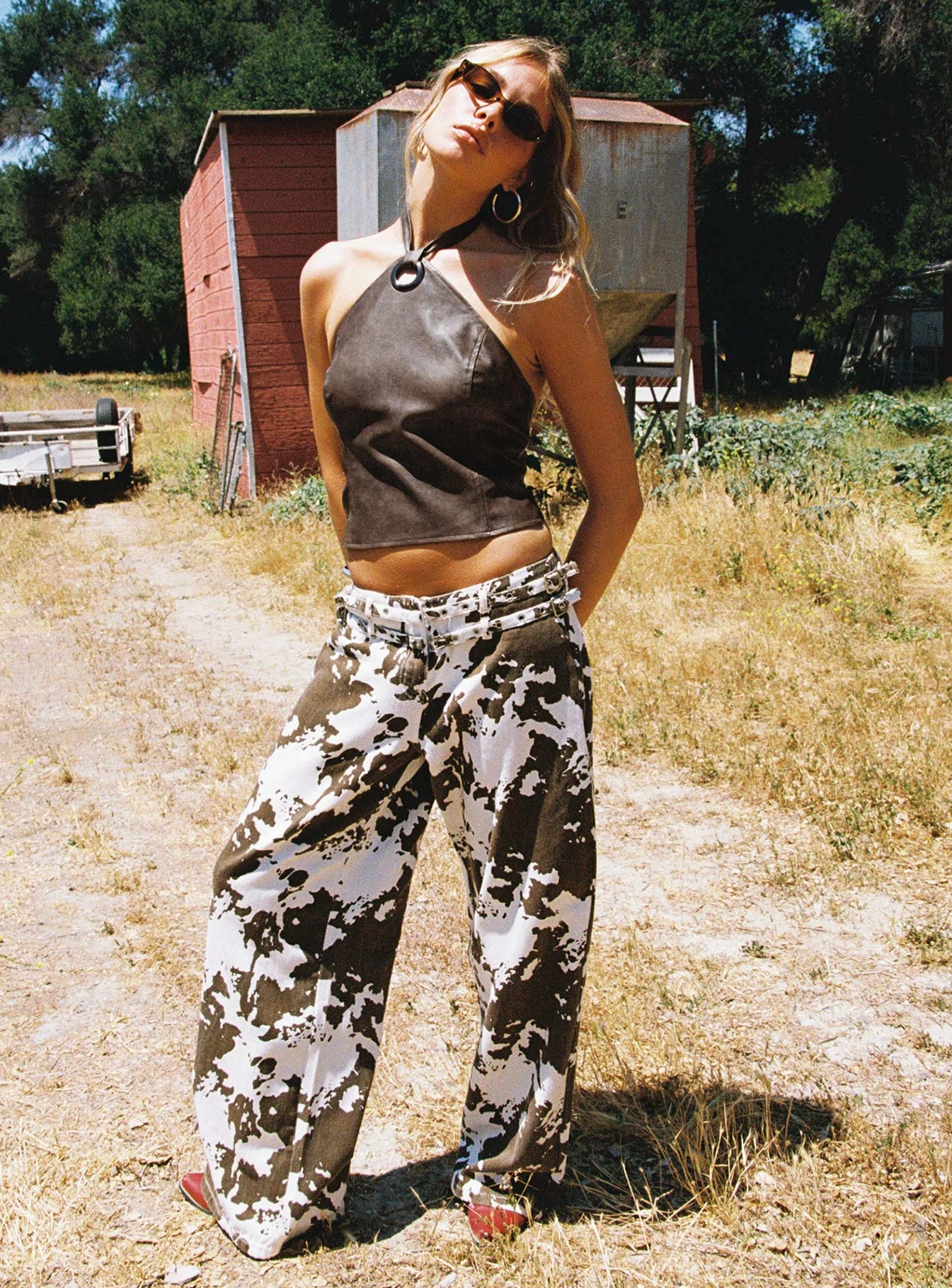 FourWayStretch Baccarat Mid Rise Wide Leg Belted Pant Cow Print