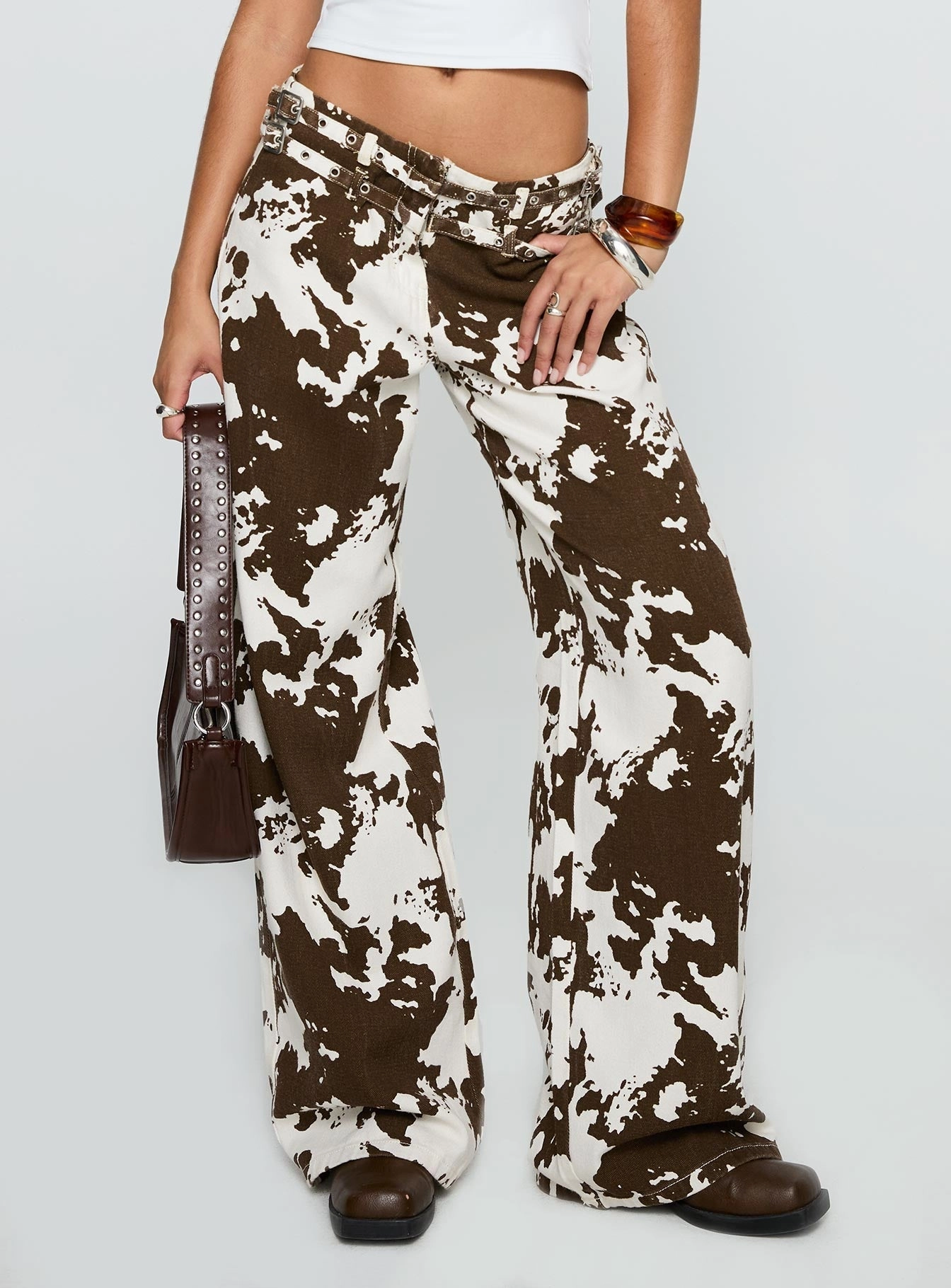 Low Maintenance Adjustable Fit Baccarat Mid Rise Wide Leg Belted Pant Cow Print
