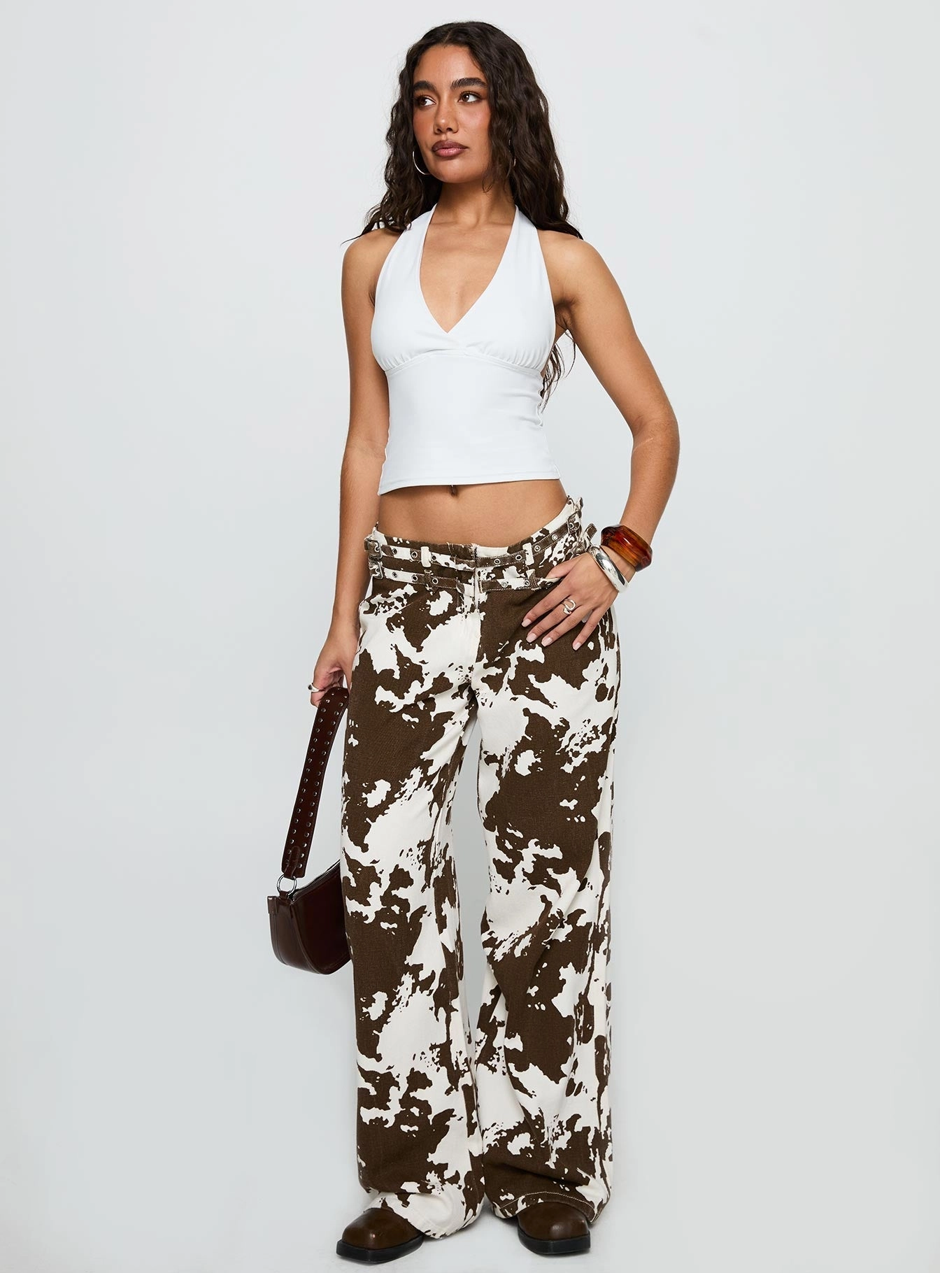 Low Bulk Material Baccarat Mid Rise Wide Leg Belted Pant Cow Print