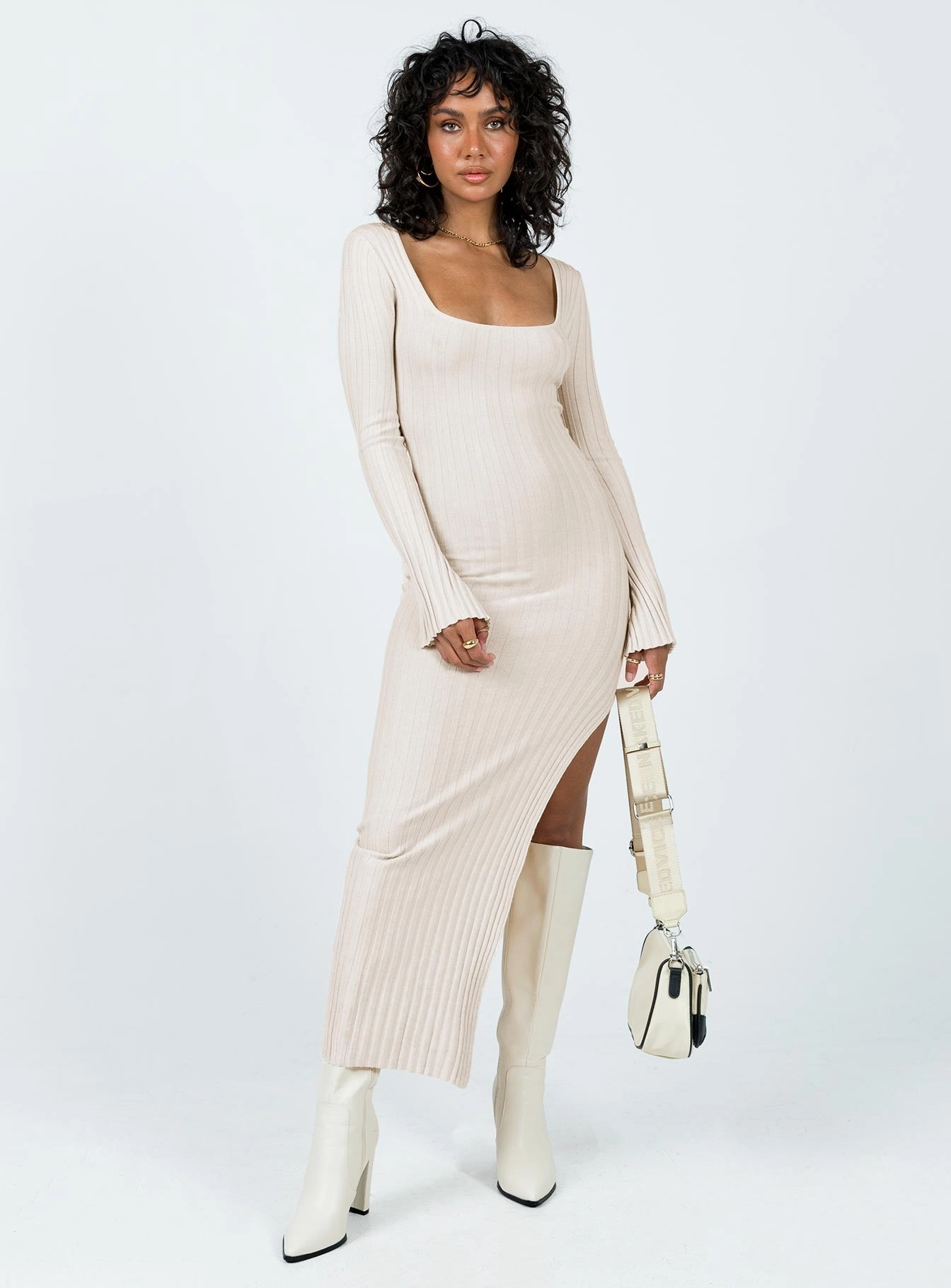 NoiseFreeFabric Elegant Mature Barossa Long Sleeve Midi Dress Cream