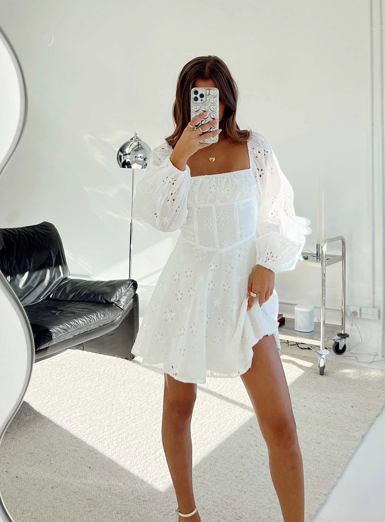 Comfortable texture Dreamy Simplicity Barrera Long Sleeve Mini Dress White