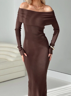 Grace Base Natural Fit Phylis Off The Shoulder Maxi Dress Chocolate
