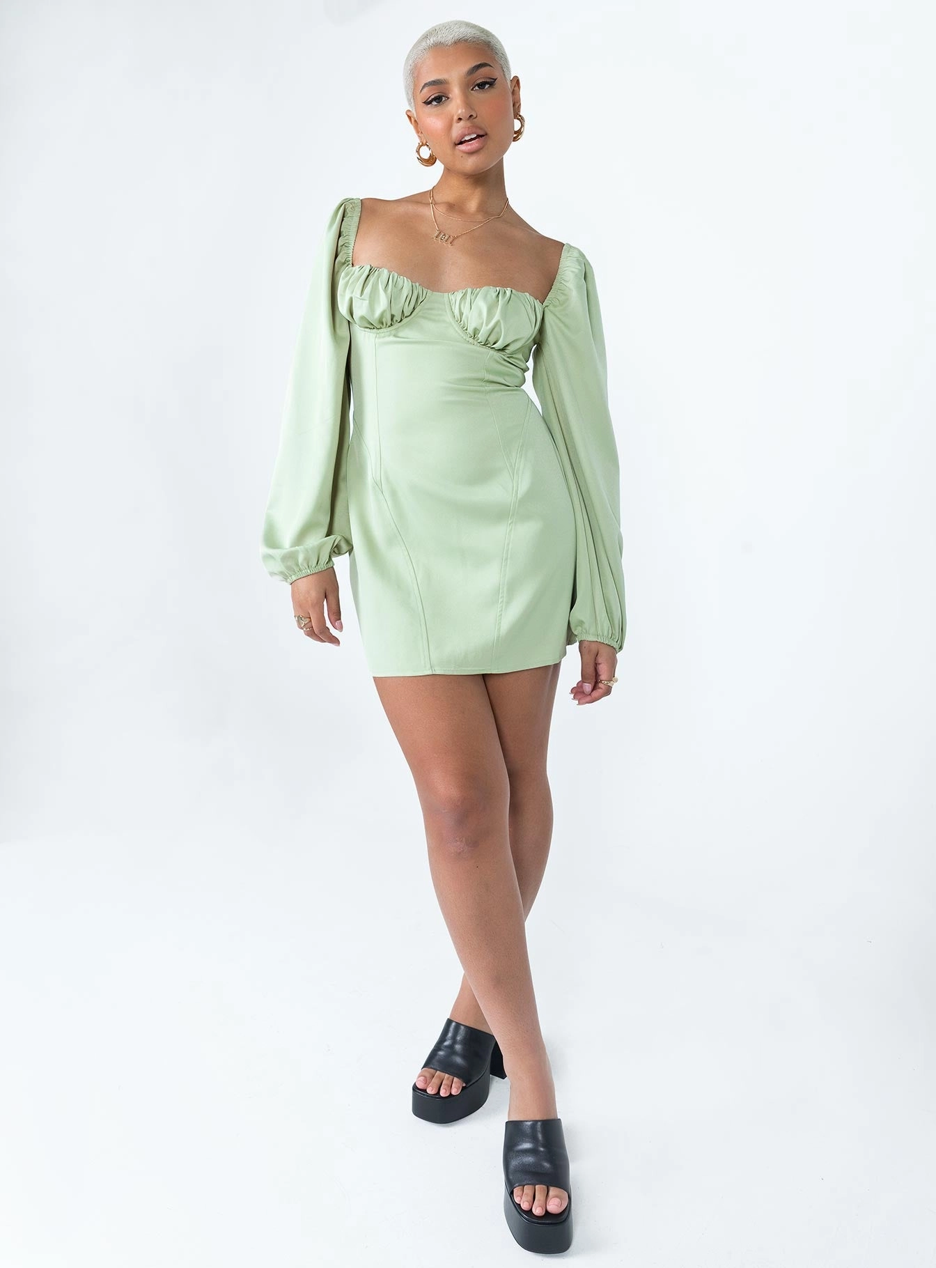 Clean Tone Natural Wrap Be Mine Long Sleeve Mini Dress Green