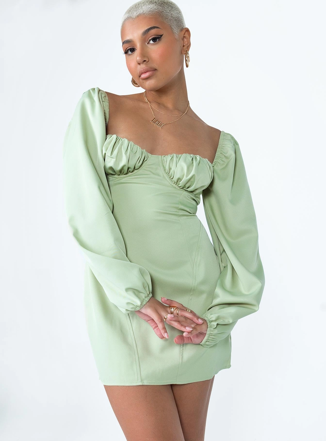Tulle-Overlay Semi Casual Be Mine Long Sleeve Mini Dress Green