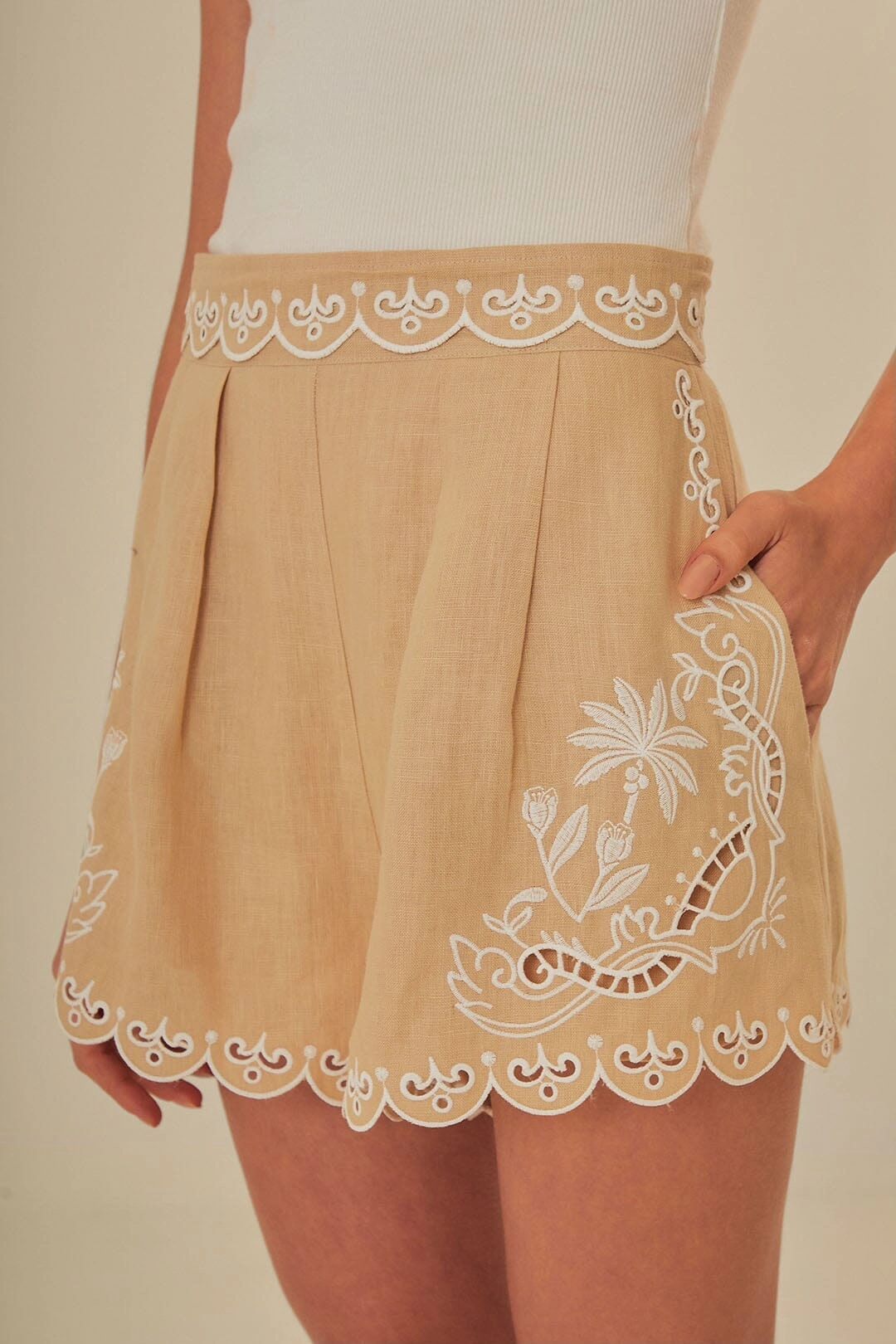 Khaki Embroidered Euroflax? Premium Linen Shorts Warm Vibe Slim Look