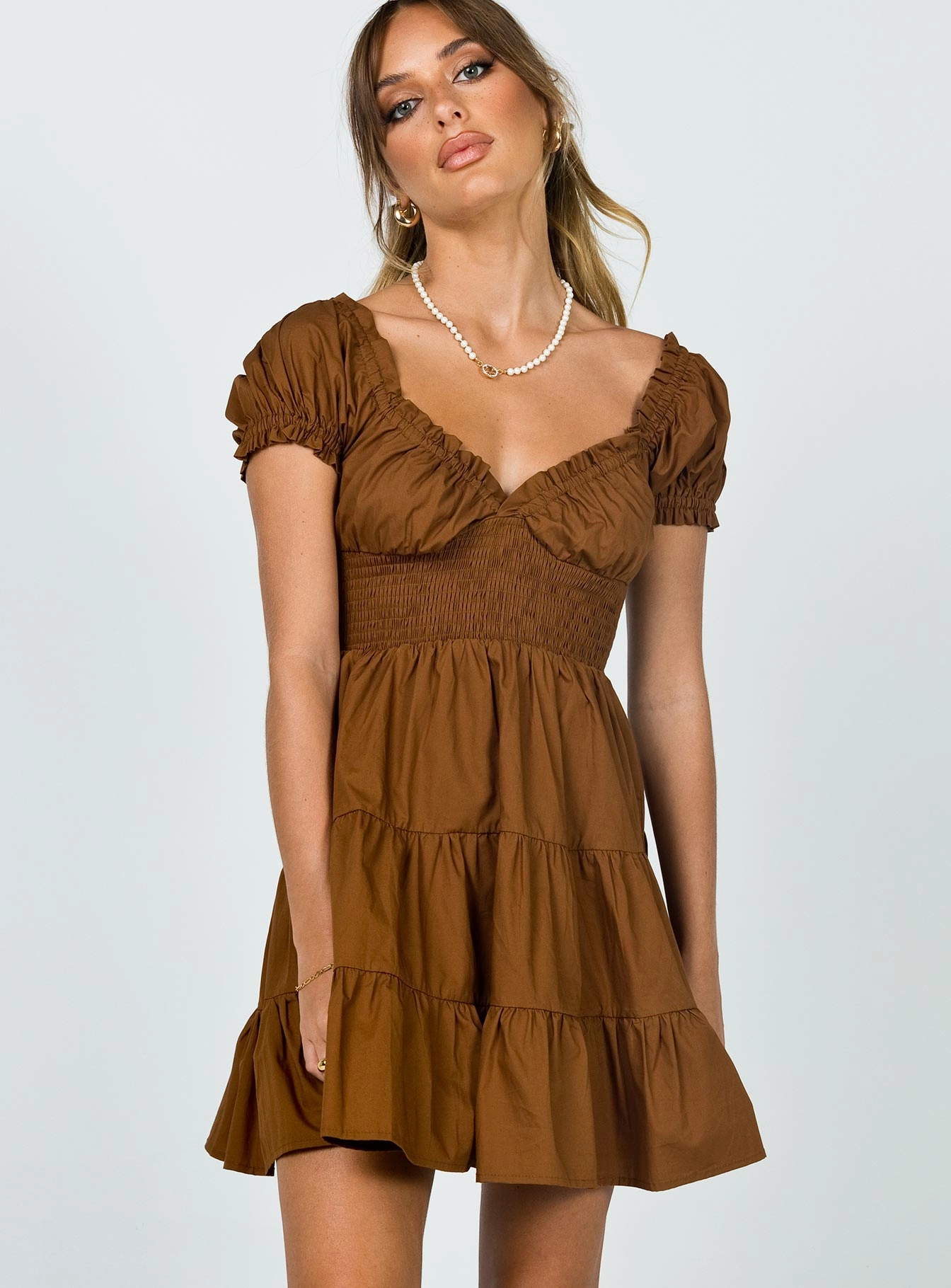 Lace-Sleeve Glossy Fabric Daniela Mini Dress Chocolate Brown