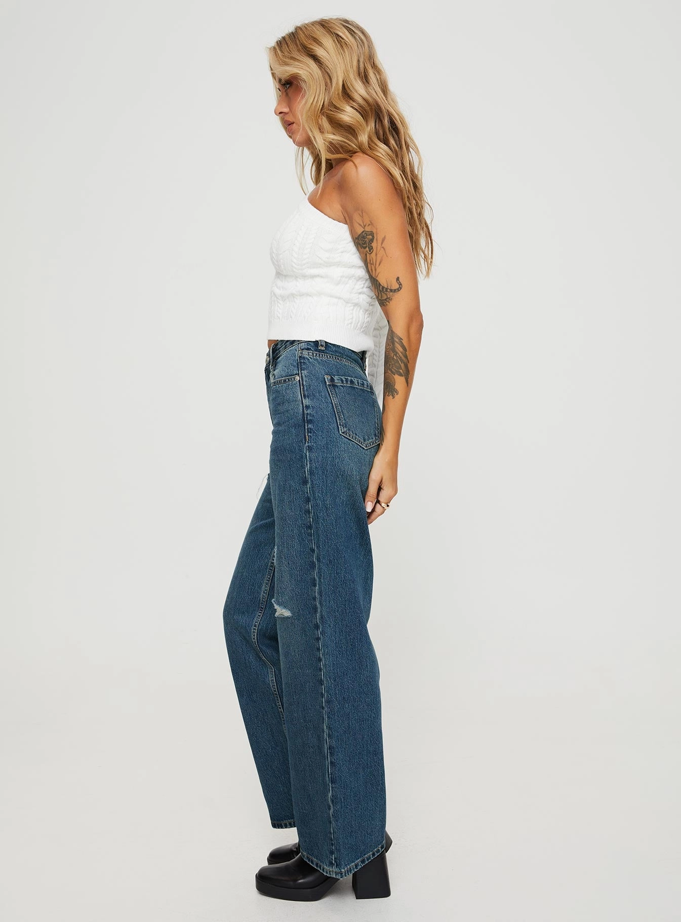 Sustainable Road Trip Clean Silhouette Beetle High Rise Wide Leg Ripped Jeans Mid Wash