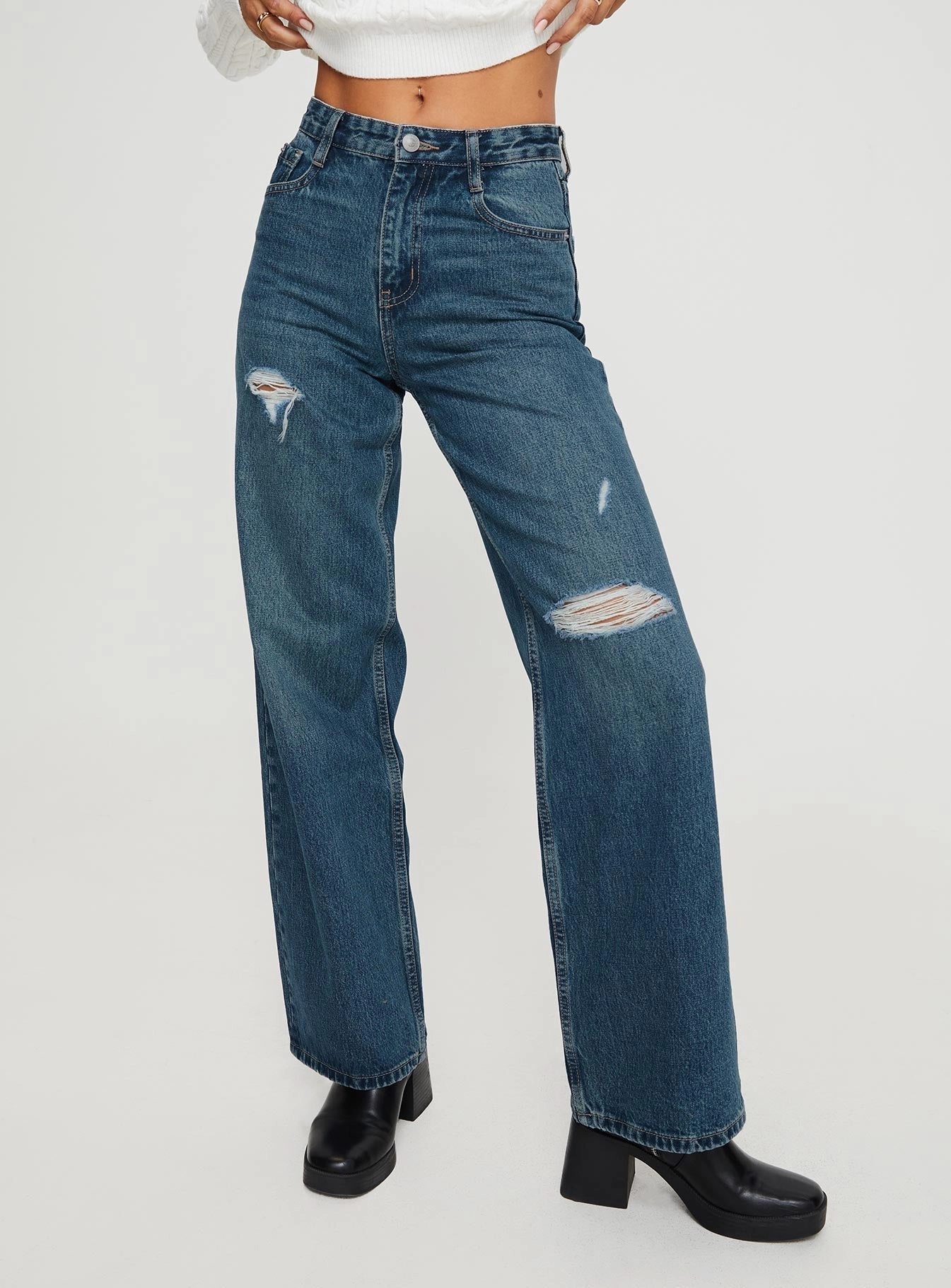 Beetle High Rise Wide Leg Ripped Jeans Mid Wash Fresh casual