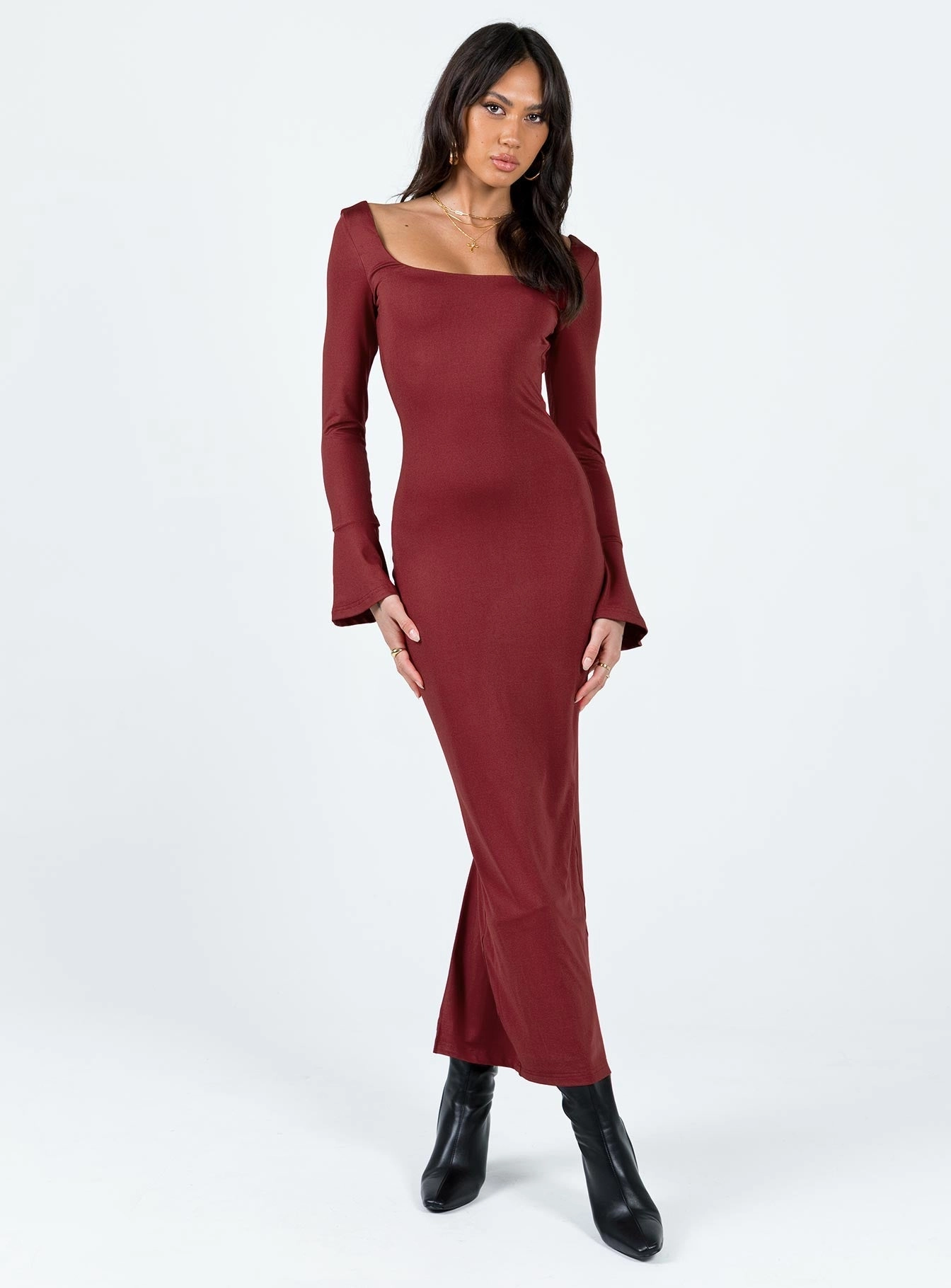 Comfortable casual dress Smooth Shape Belfa Long Sleeve Maxi Dress Burgundy