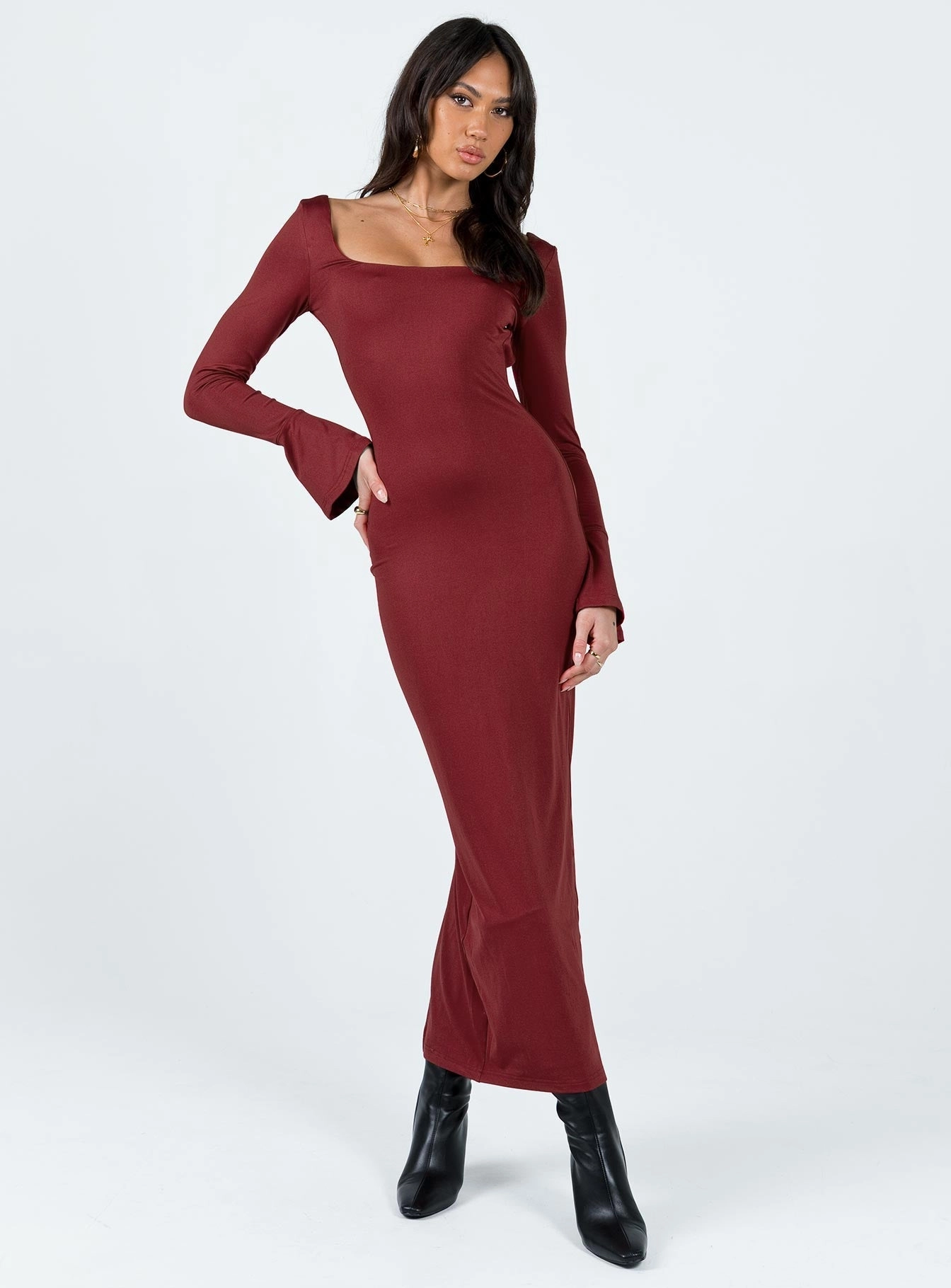 All Look Belfa Long Sleeve Maxi Dress Burgundy