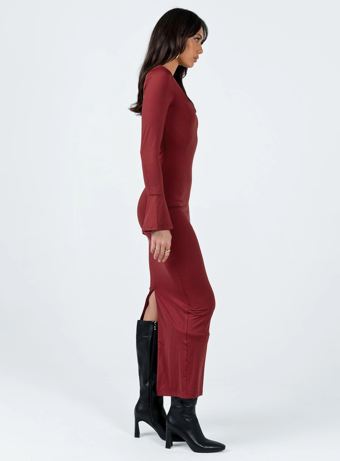 Belfa Long Sleeve Maxi Dress Burgundy Classic Grace Minimal Design