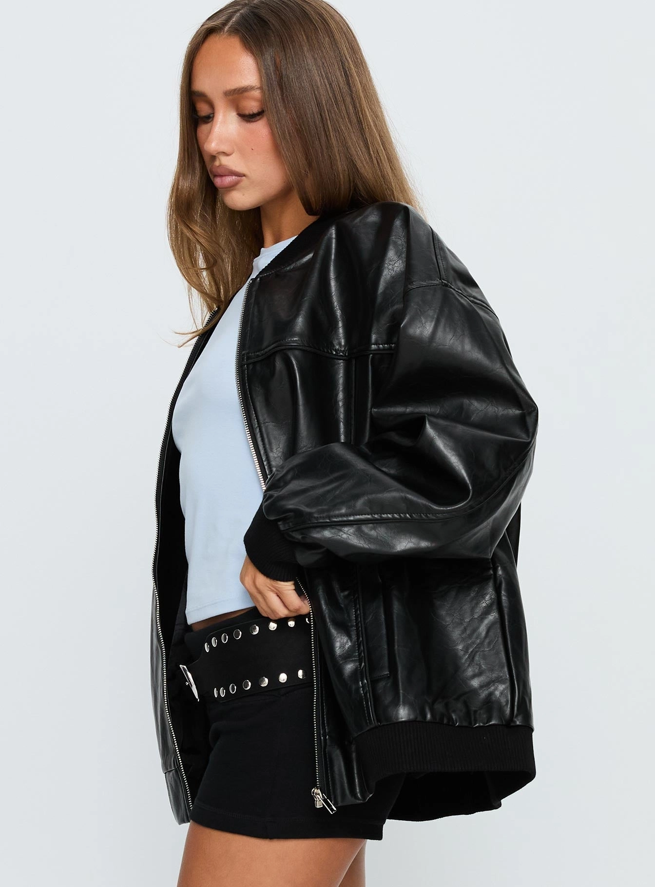 Believe It Faux Leather Bomber Jacket Black Ergonomic Articulation