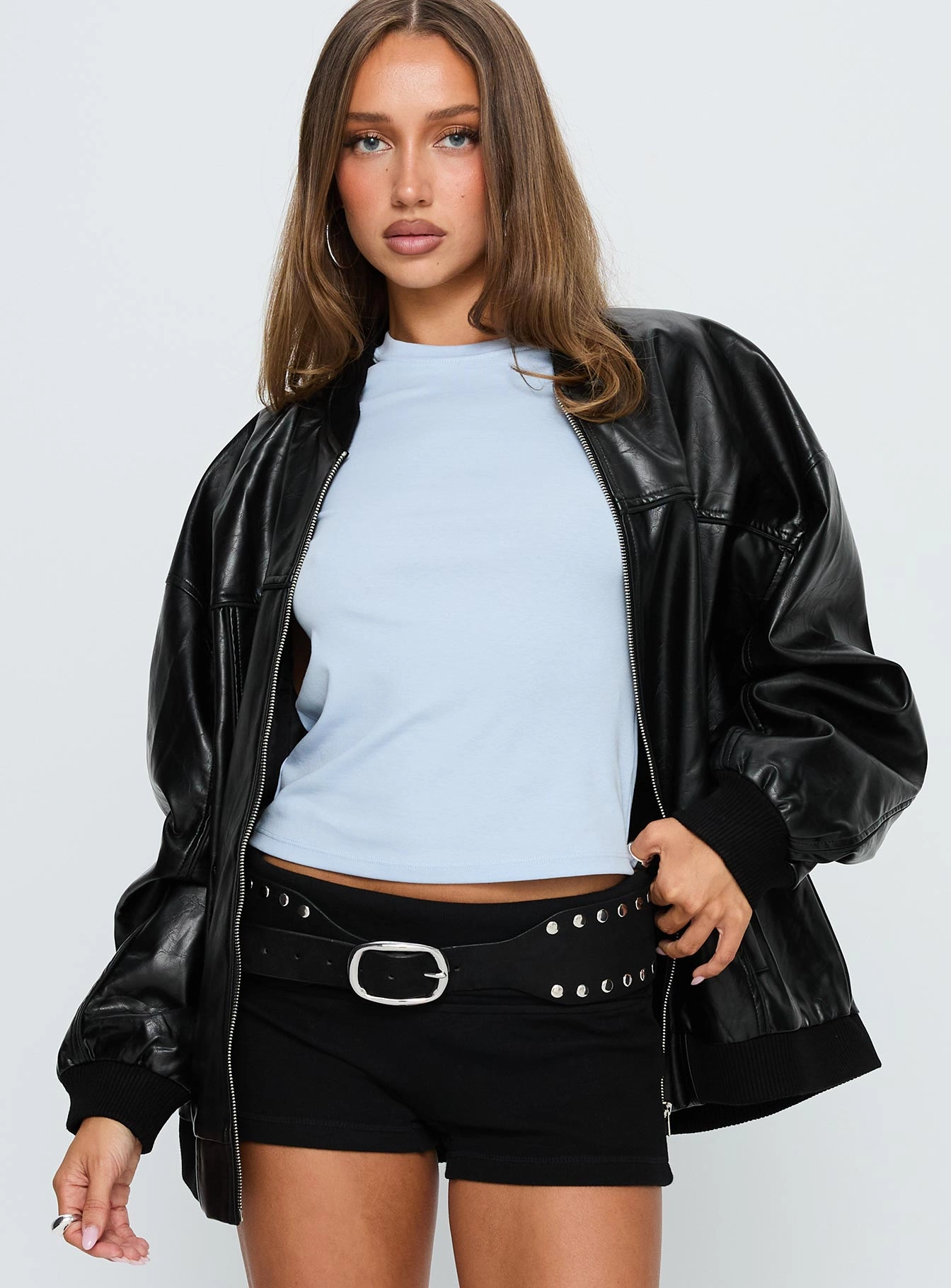 Articulated Elbows Modular Attachment Loops Believe It Faux Leather Bomber Jacket Black