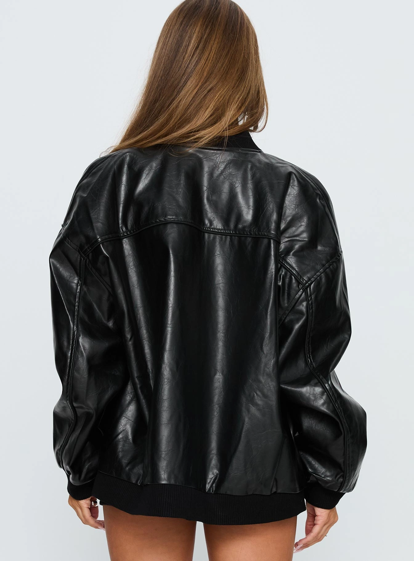 Stylish Comfort Lightweight Lining Believe It Faux Leather Bomber Jacket Black
