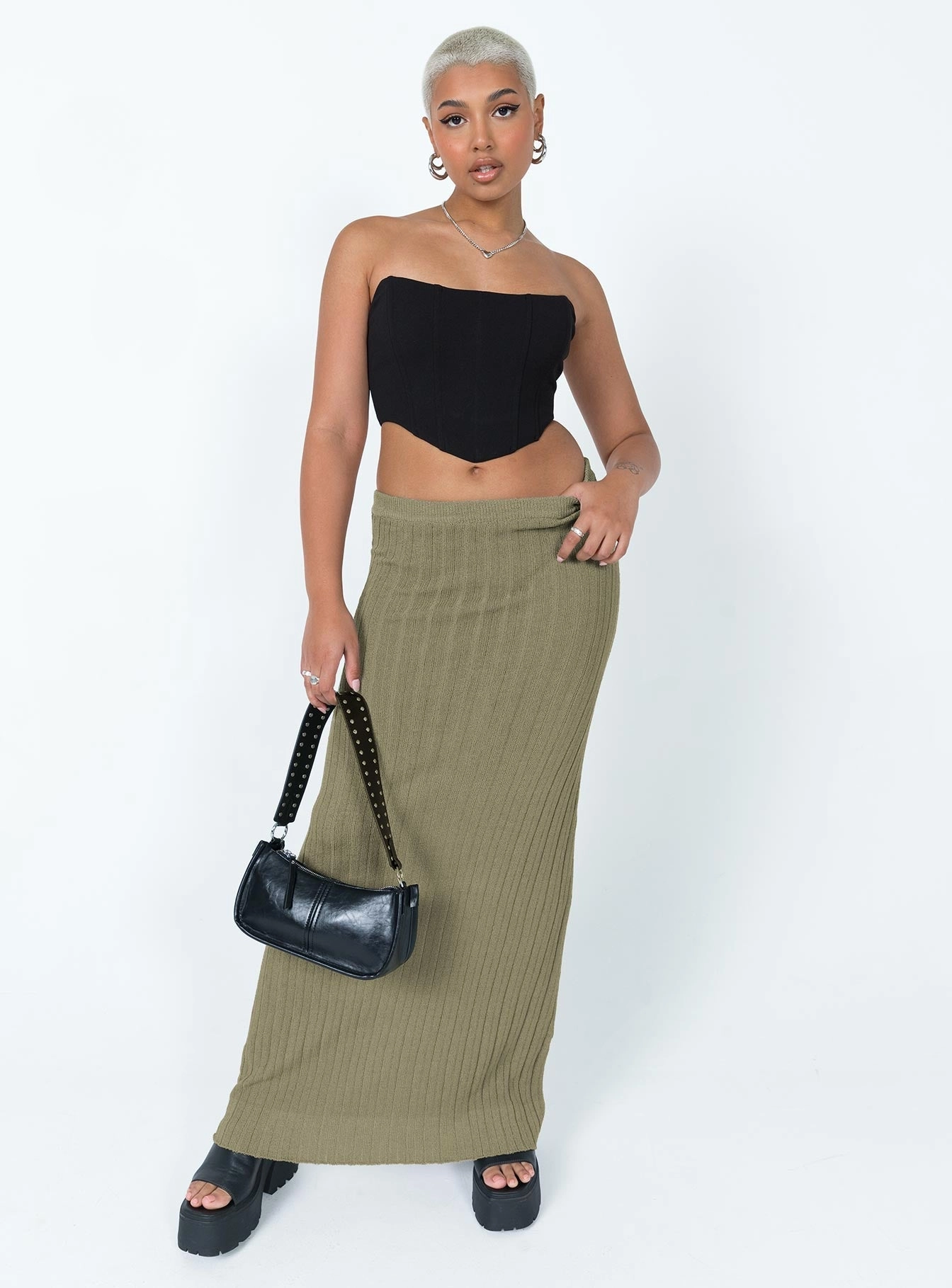 Belle Knit Maxi Skirt Khaki Tassel accents