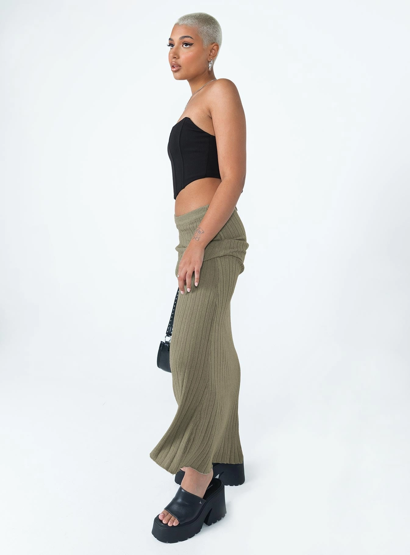 Soft Tones Waist Defining Belle Knit Maxi Skirt Khaki