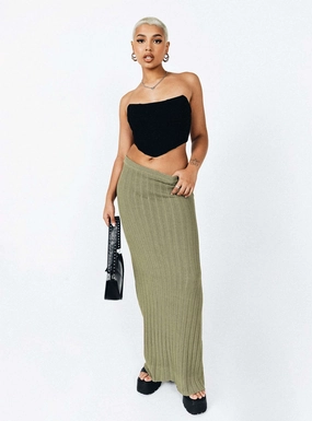 Belle Knit Maxi Skirt Khaki Durable Hem On-The-Go Outfit