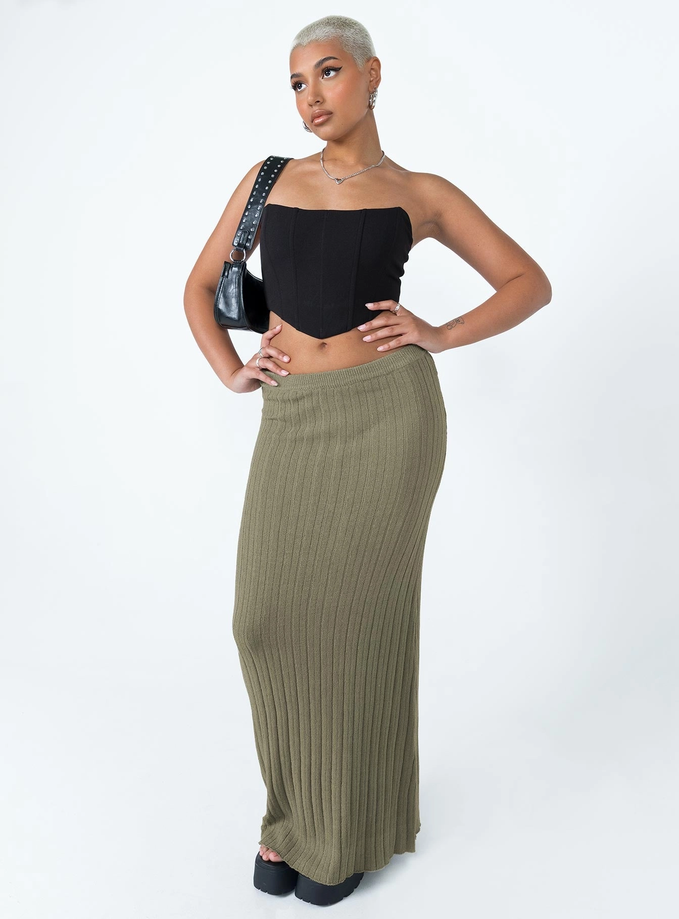 Belle Knit Maxi Skirt Khaki flared silhouette