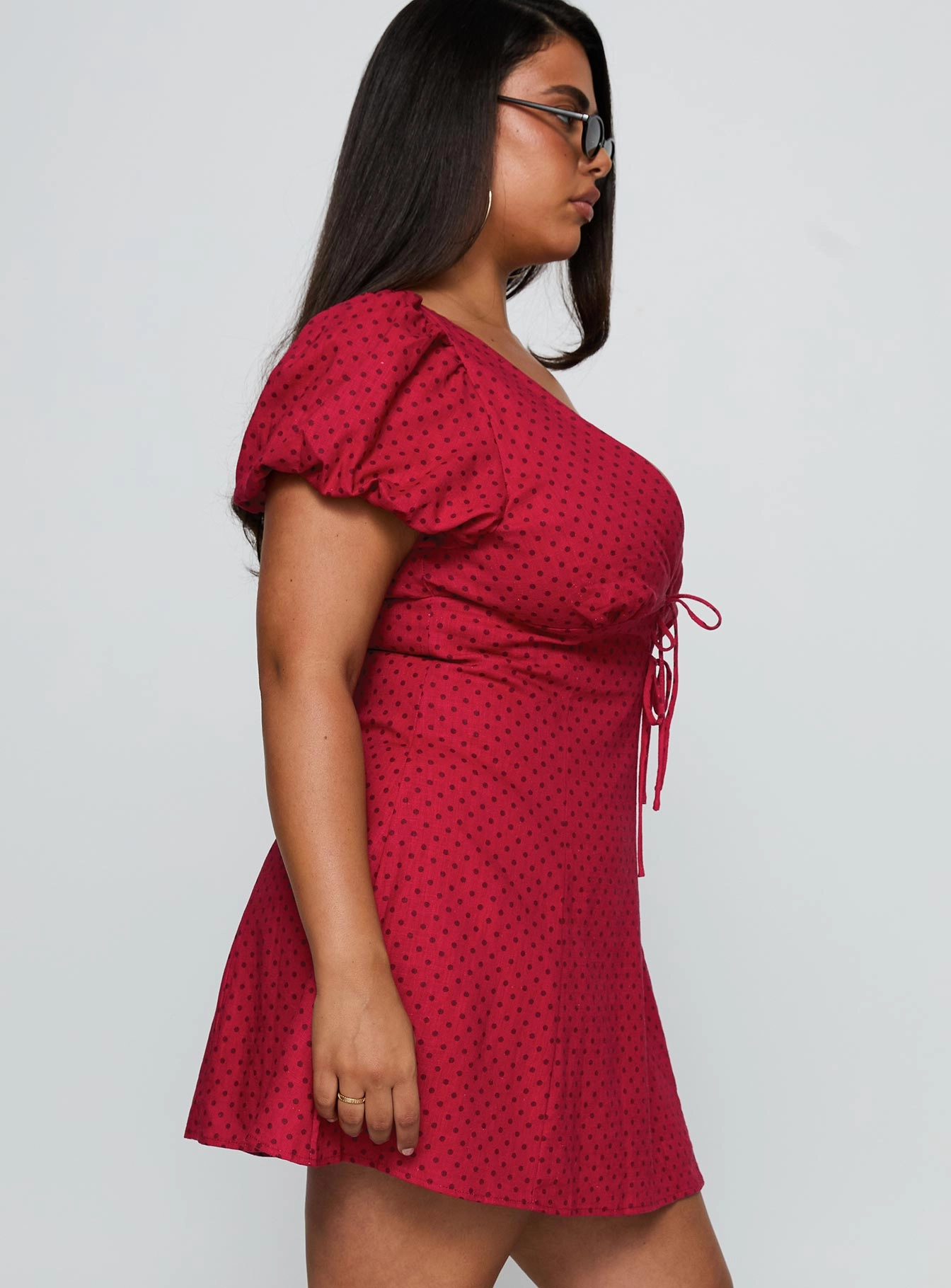 Fitted Shape Beloved Puff Sleeve Linen Blend Mini Dress Red Polka Curve