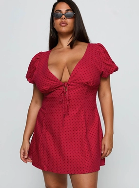 Beloved Puff Sleeve Linen Blend Mini Dress Red Polka Curve Office Glam