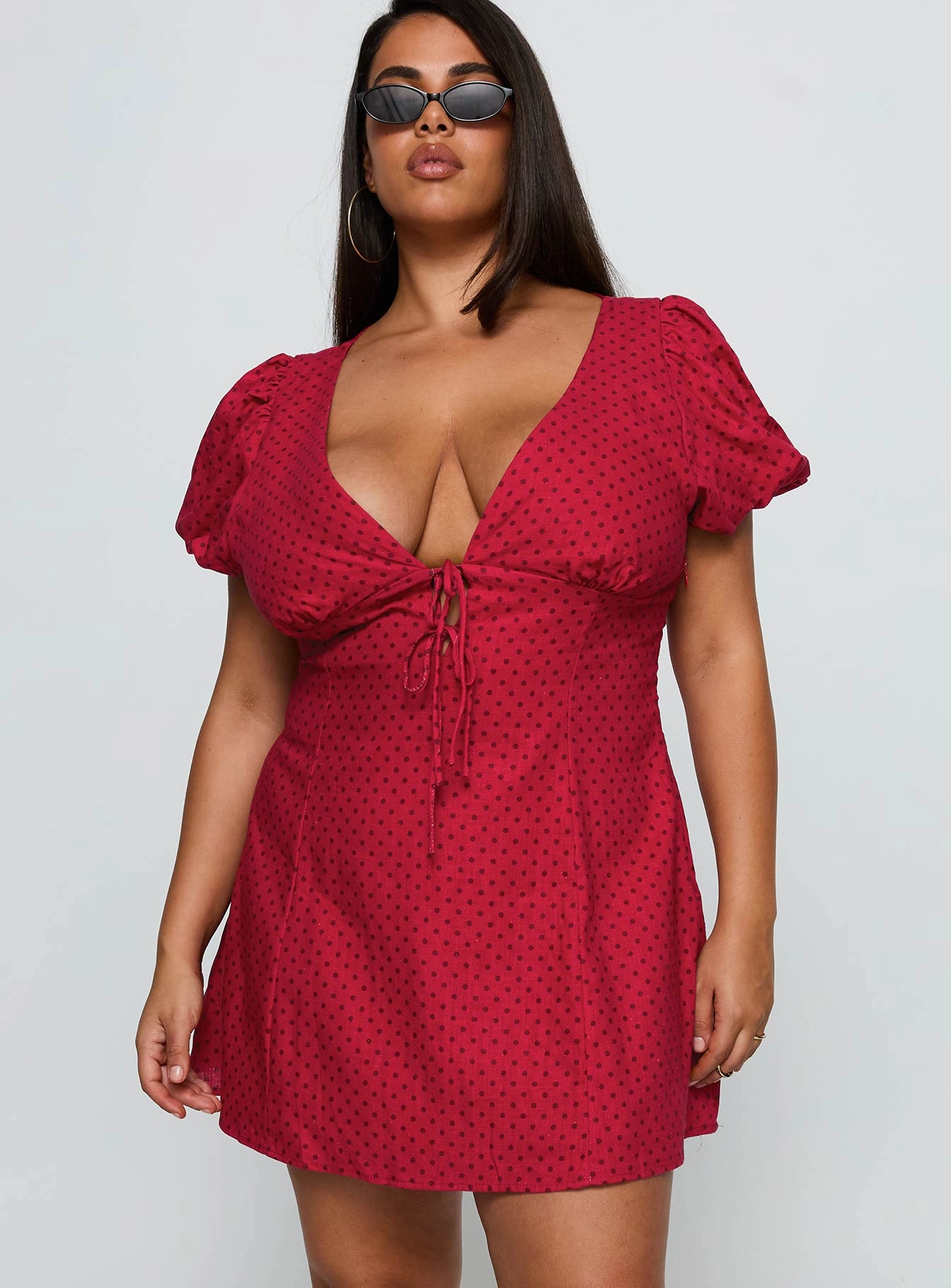 Beloved Puff Sleeve Linen Blend Mini Dress Red Polka Curve Office Glam