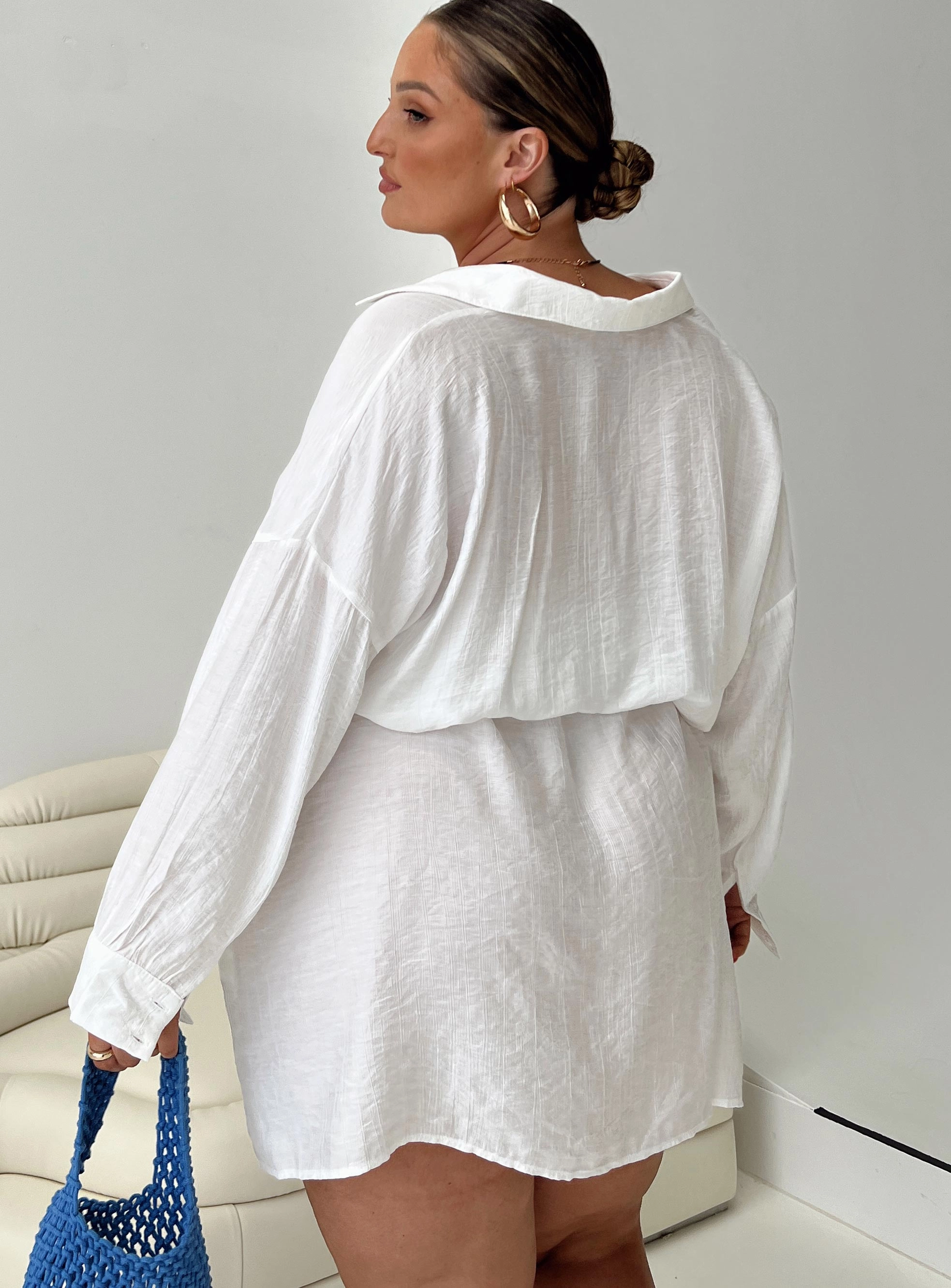 Bilari Textured Fabric Shirt Dress White Curve Festive Mood Polished Form