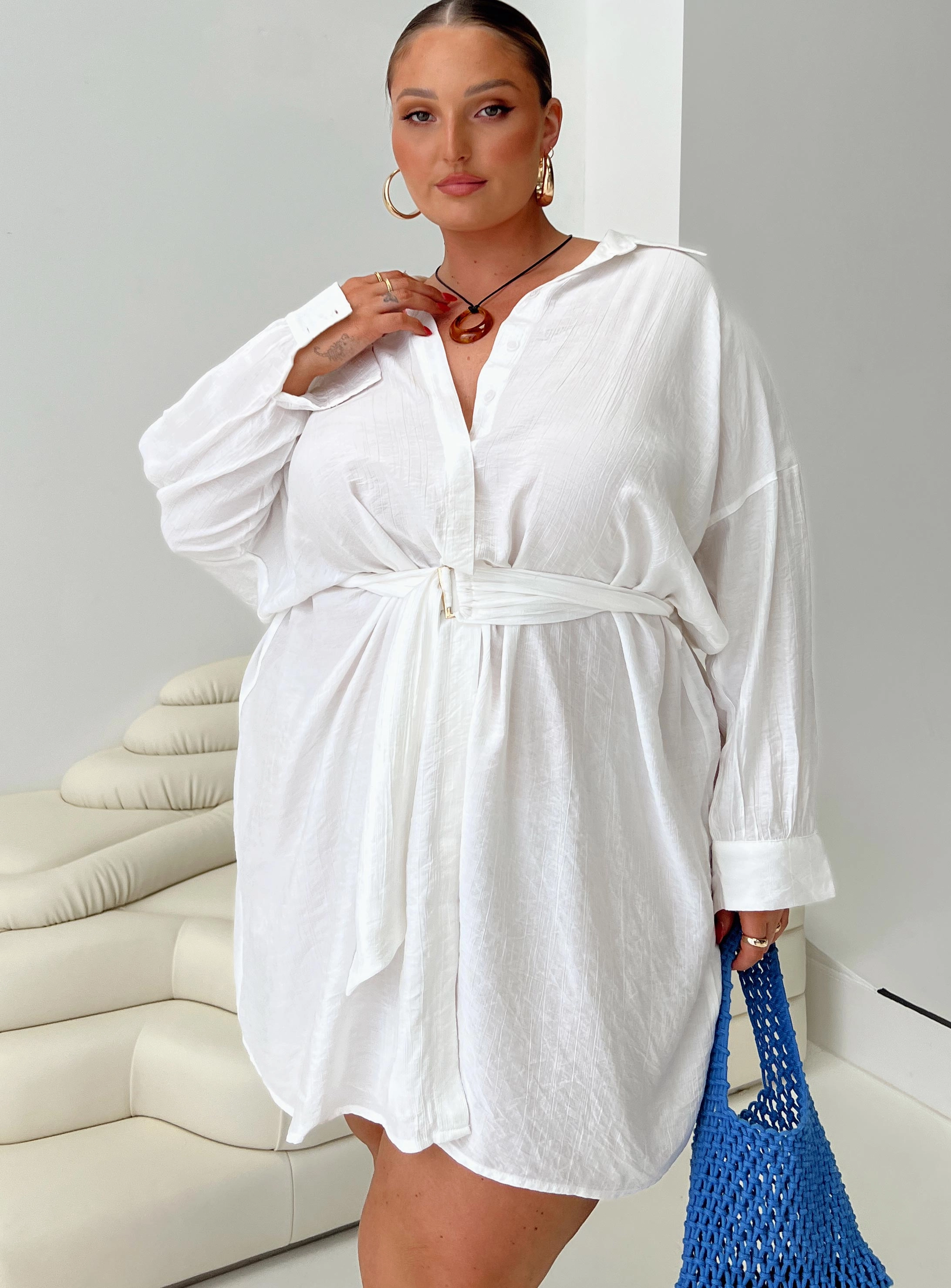 bold appearance Bilari Textured Fabric Shirt Dress White Curve