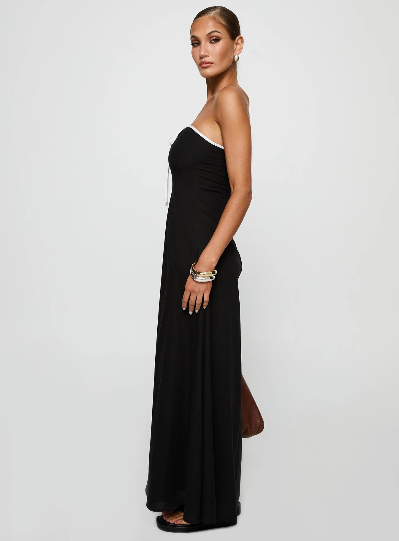 Silky Shine Smooth Texture Bijou Strapless Maxi Dress Black