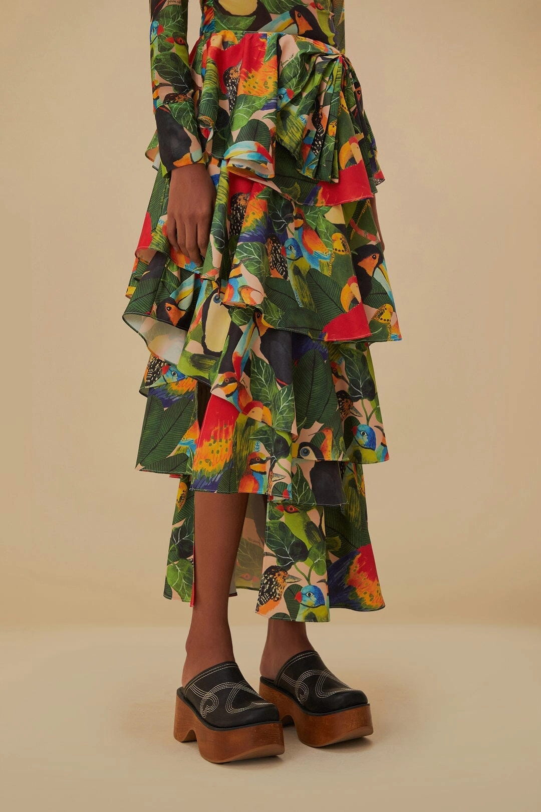 Everyday Comfort Bird Leaves Sand Tiered Bow Detail Maxi Skirt