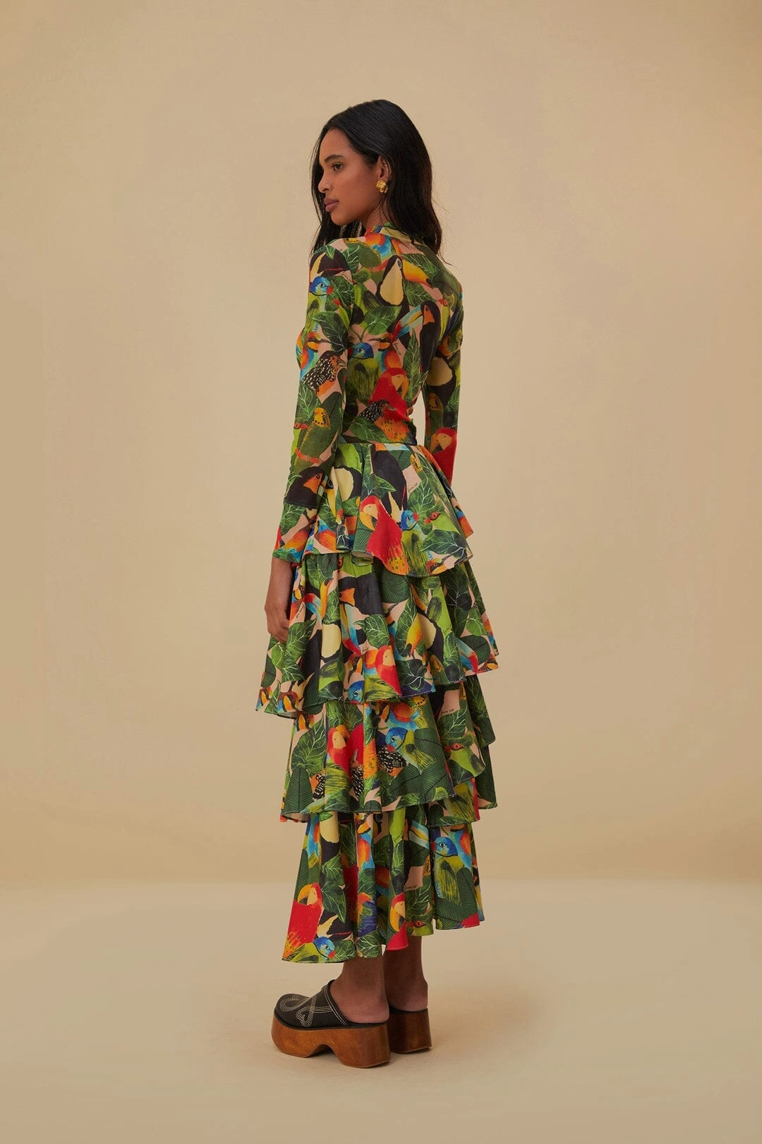 Frayed Finish Spring Brunch Bird Leaves Sand Tiered Bow Detail Maxi Skirt