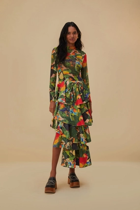 Bird Leaves Sand Tiered Bow Detail Maxi Skirt music concert