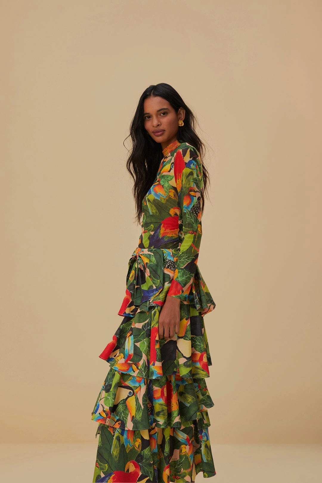 Bird Leaves Sand Tiered Bow Detail Maxi Skirt Comfort Waistline Bold Print