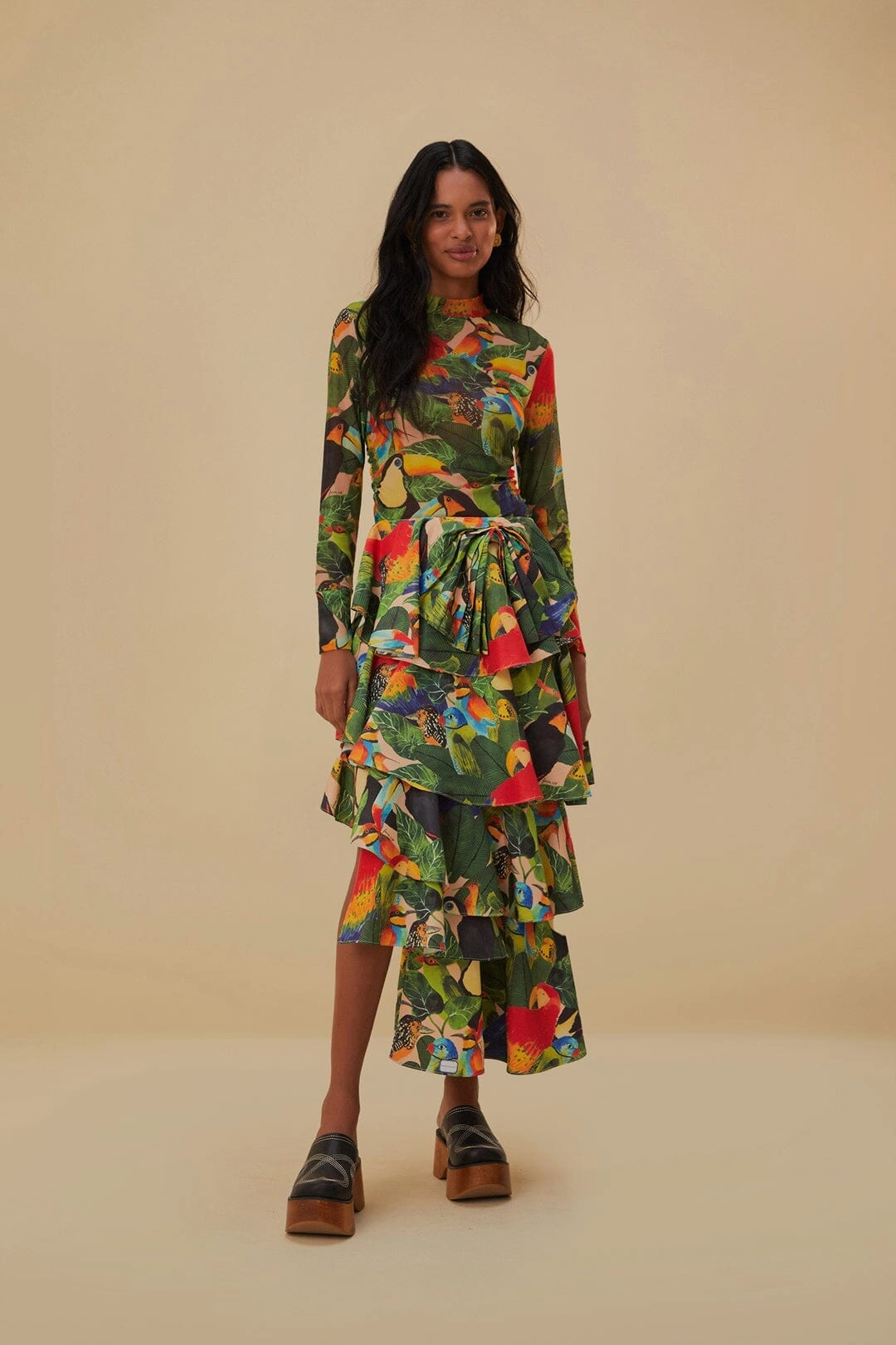 Bird Leaves Sand Tiered Bow Detail Maxi Skirt music concert
