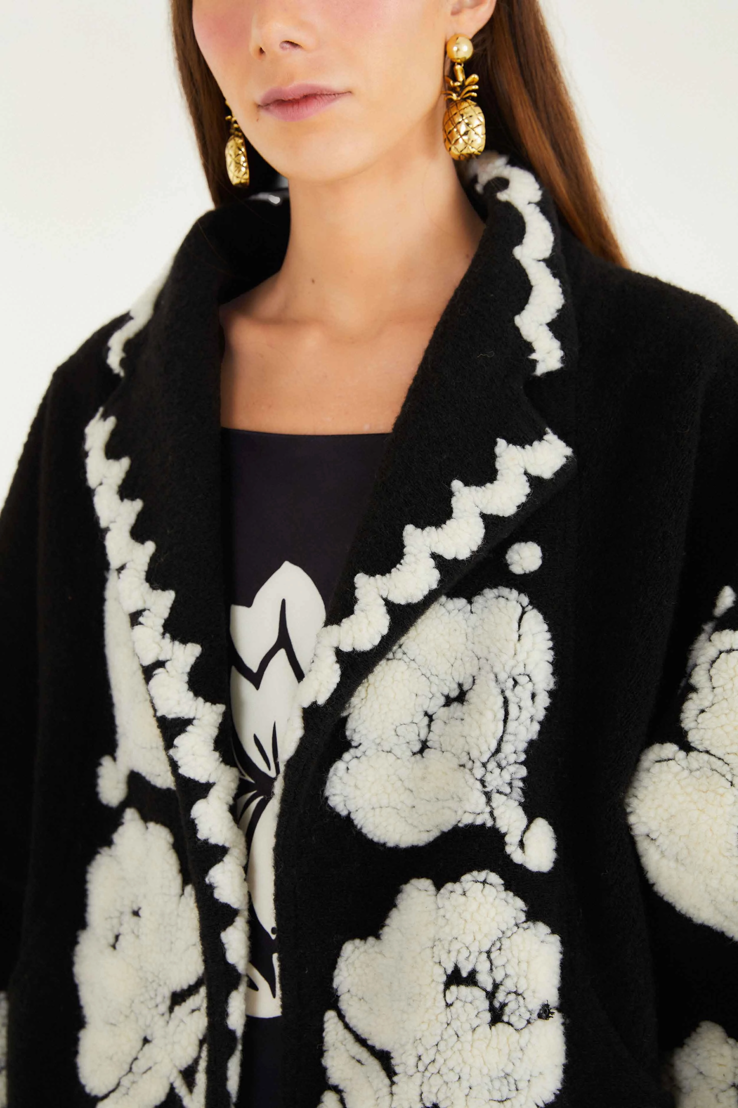 Easy Care Finish YKK Fasteners Black & White Floral Arabesque Fleece Coat