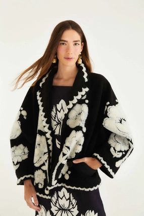 Thermal Lining Black & White Floral Arabesque Fleece Coat