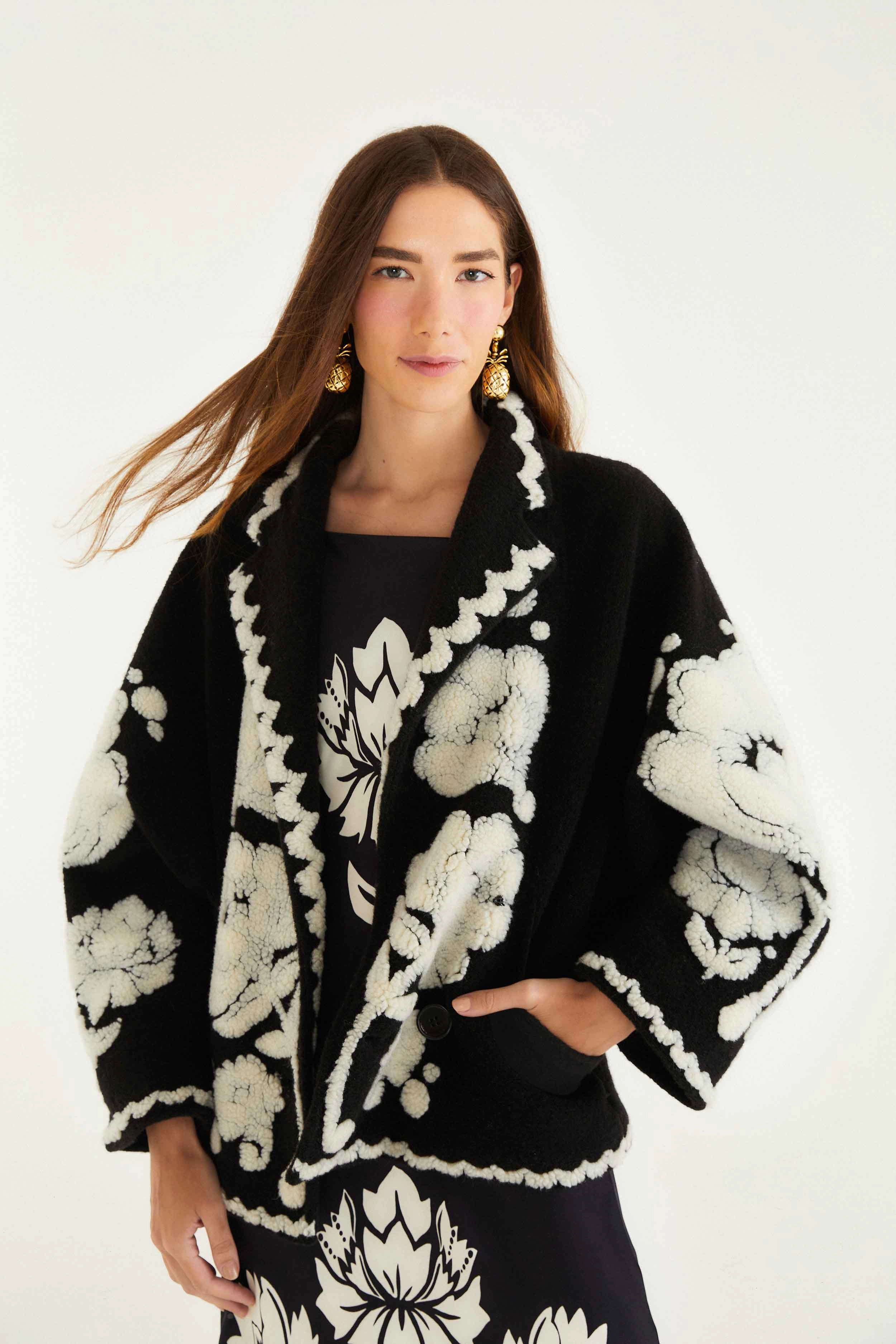 Thermal Lining Black & White Floral Arabesque Fleece Coat