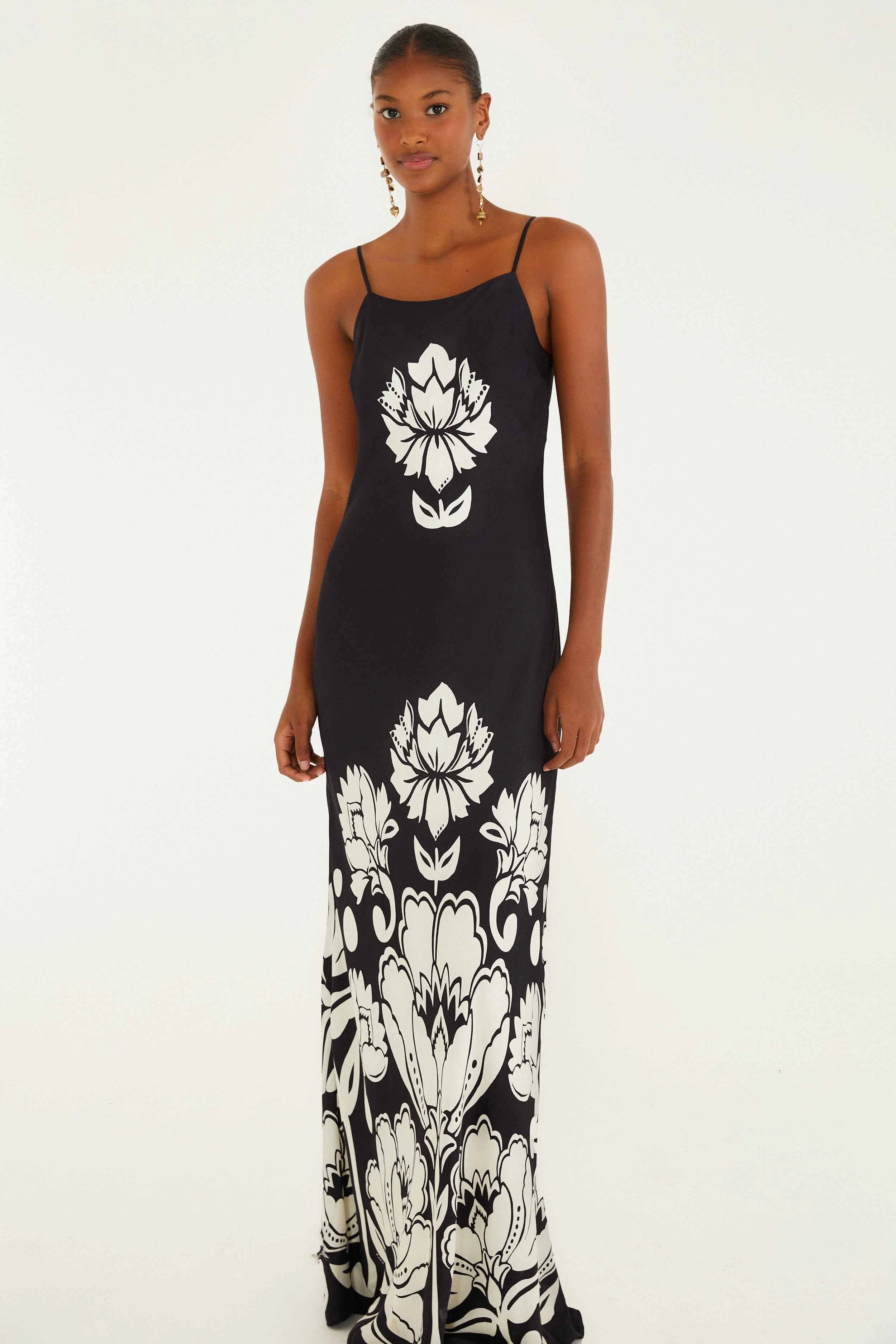 Black & White Floral Arabesque Slip Lenzing? Ecovero? Viscose Maxi Dress Travel Light Relax Comfort Hip-Flattering