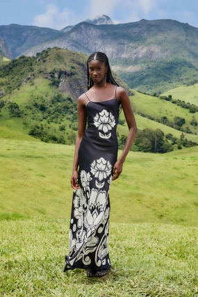 Romantic Style Black & White Floral Arabesque Slip Lenzing? Ecovero? Viscose Maxi Dress Travel Light