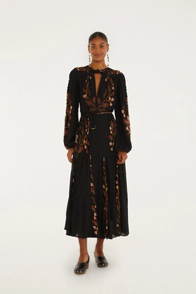 Black Berry Garden Long Sleeve Pleated Maxi Dress Breathable Cloths Abrasion-resistant Handmade