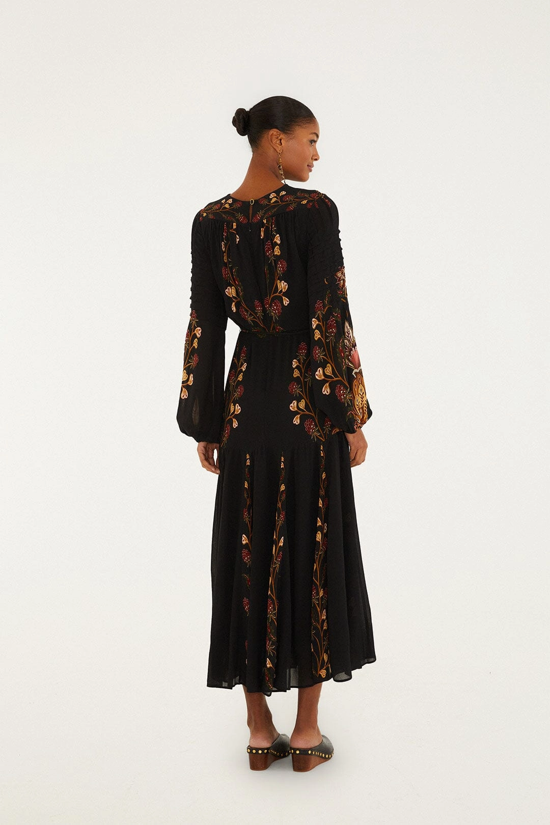Street Mood Flexible Comfort Black Berry Garden Long Sleeve Pleated Maxi Dress Breathable Cloths