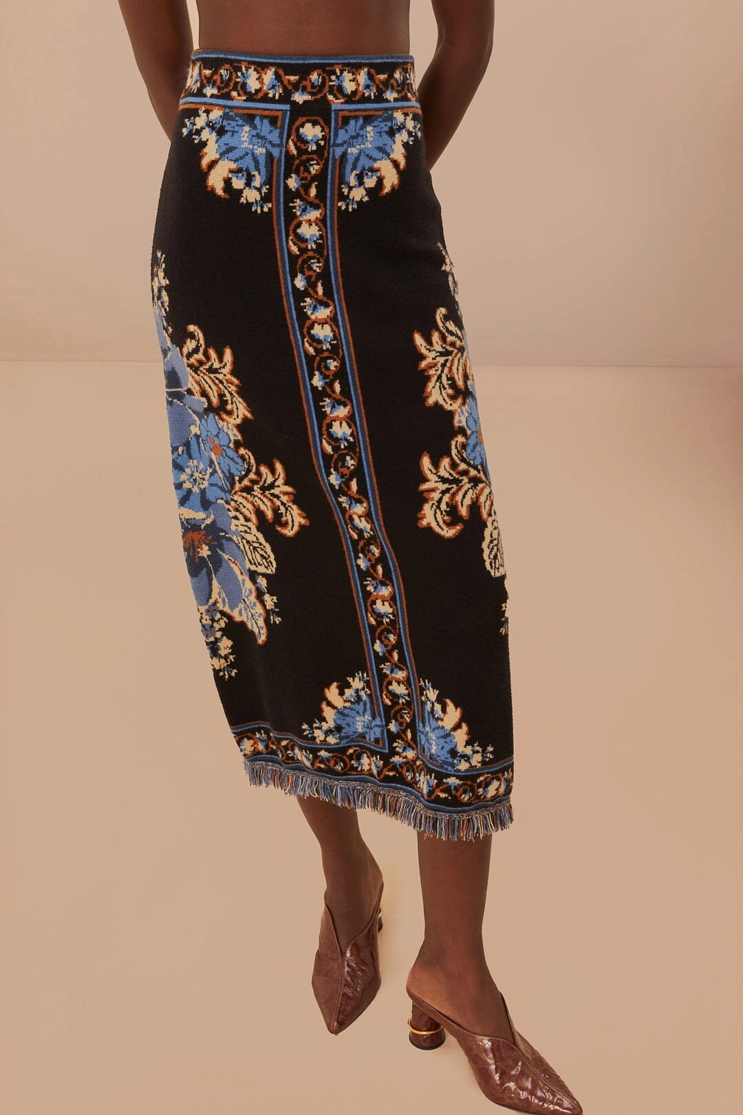 birthday party Fitted Cut Black Blossom Tapestry Knit Skirt