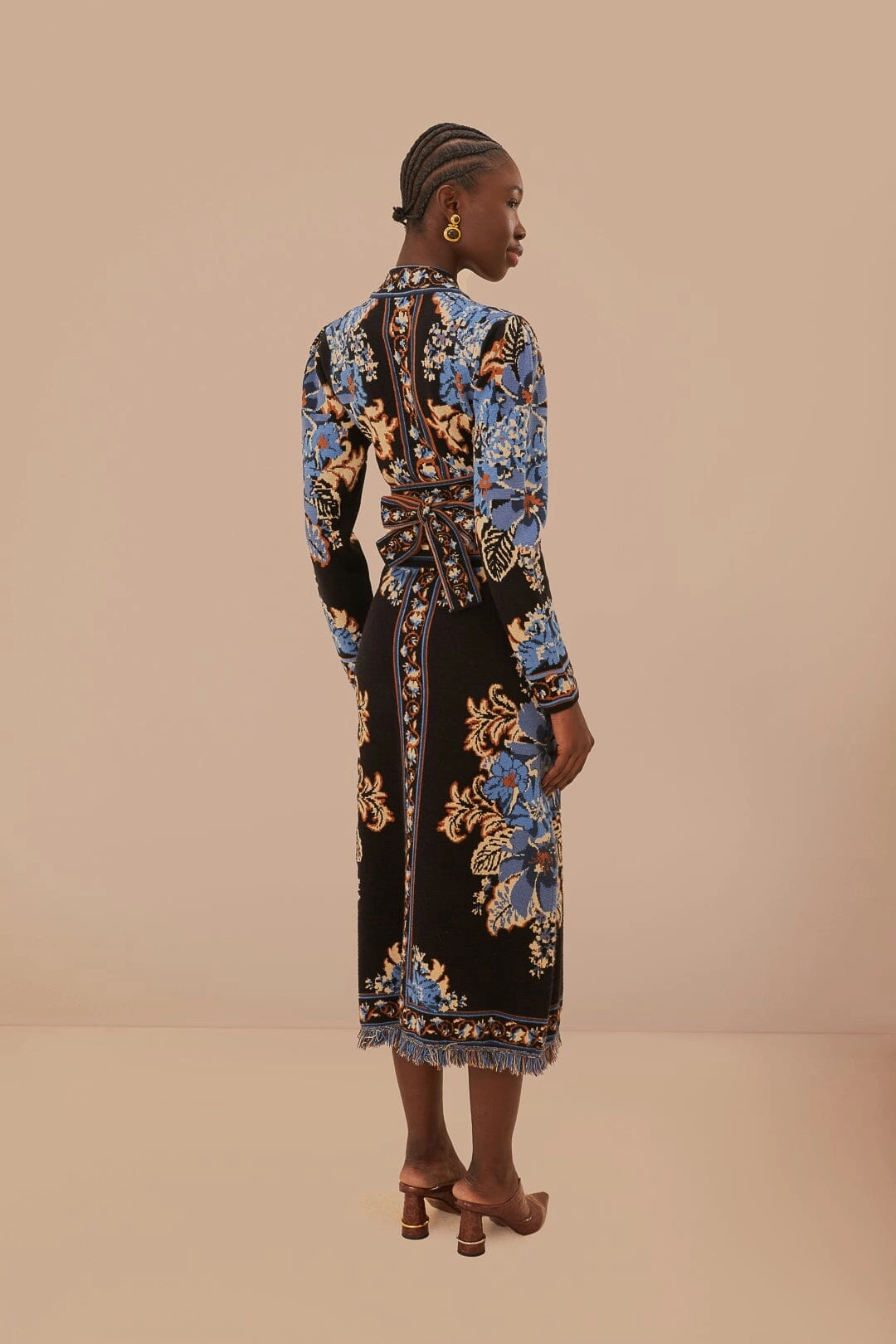 Mood Outfitboard Knee Length Black Blossom Tapestry Knit Skirt