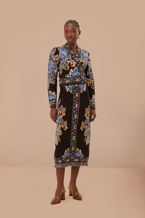 Layered Hem Black Blossom Tapestry Knit Skirt