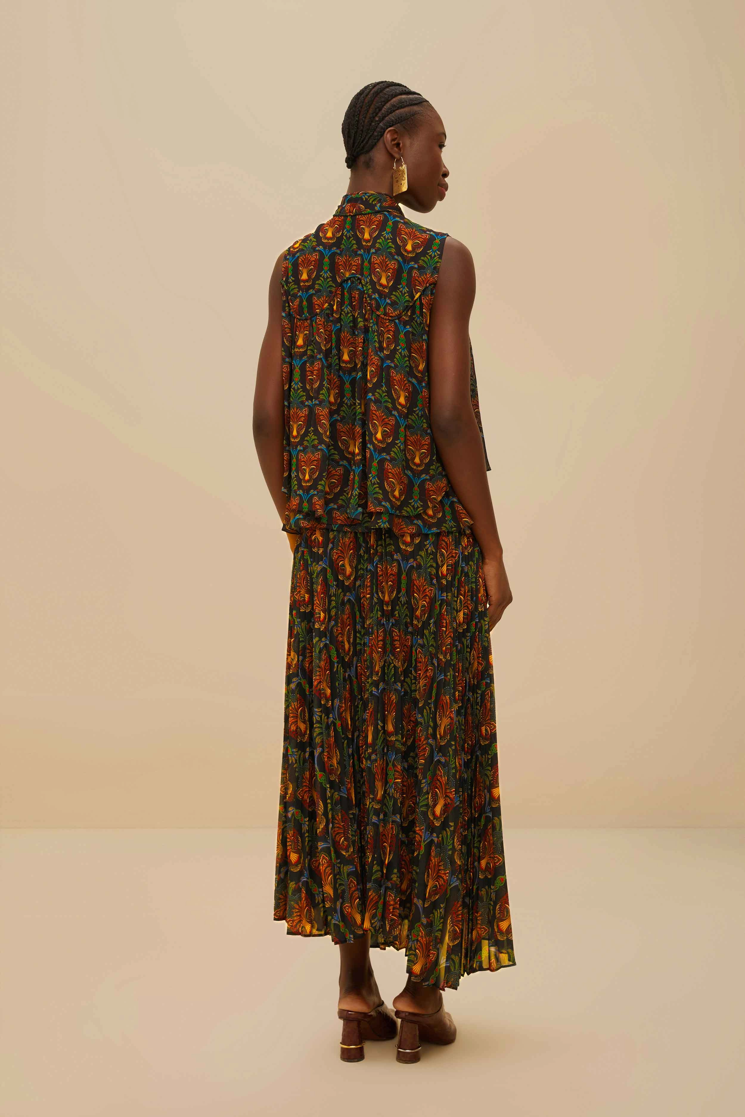 Black Boho Panther Pleated Maxi Skirt Corduroy texture