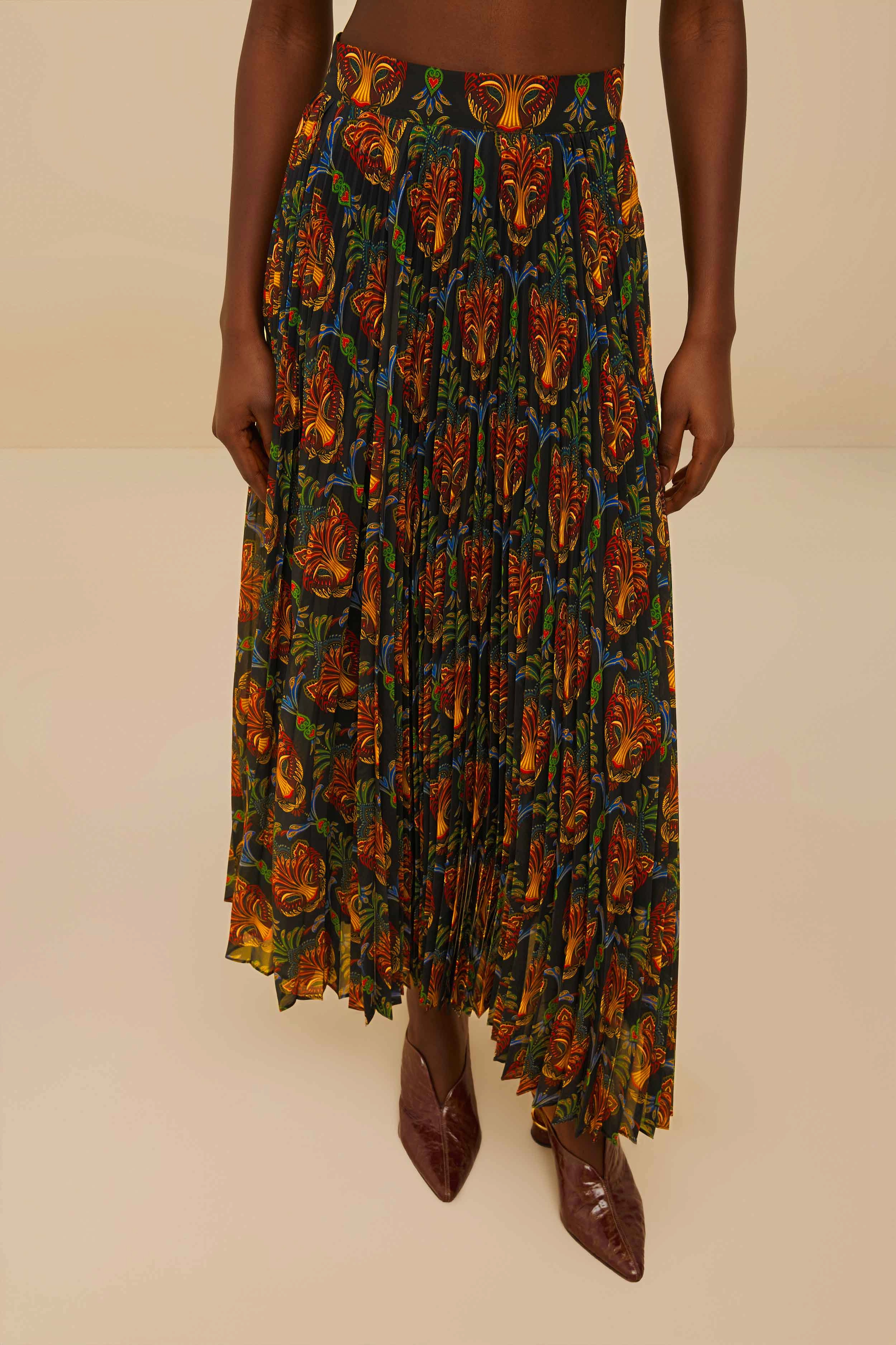 Cultural Heritage Daily Mood Black Boho Panther Pleated Maxi Skirt
