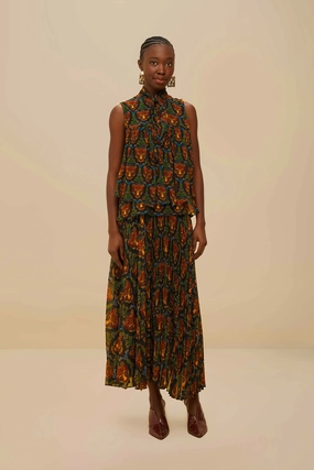 Black Boho Panther Pleated Maxi Skirt Chic Fit