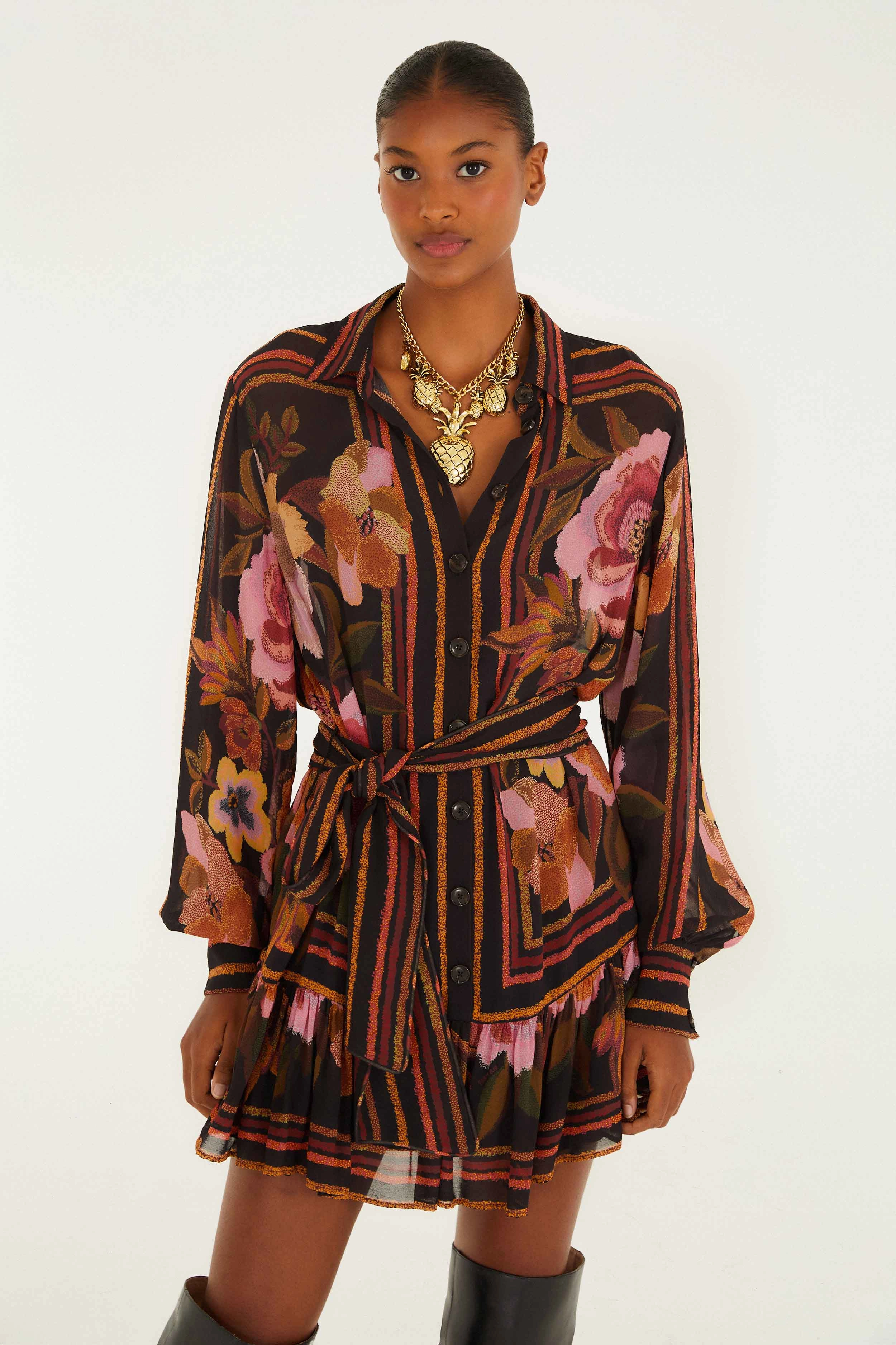 Airy Drape summer look Black Chenille Flowers Belted Long Sleeve Mini Dress Elasticated Back Panel