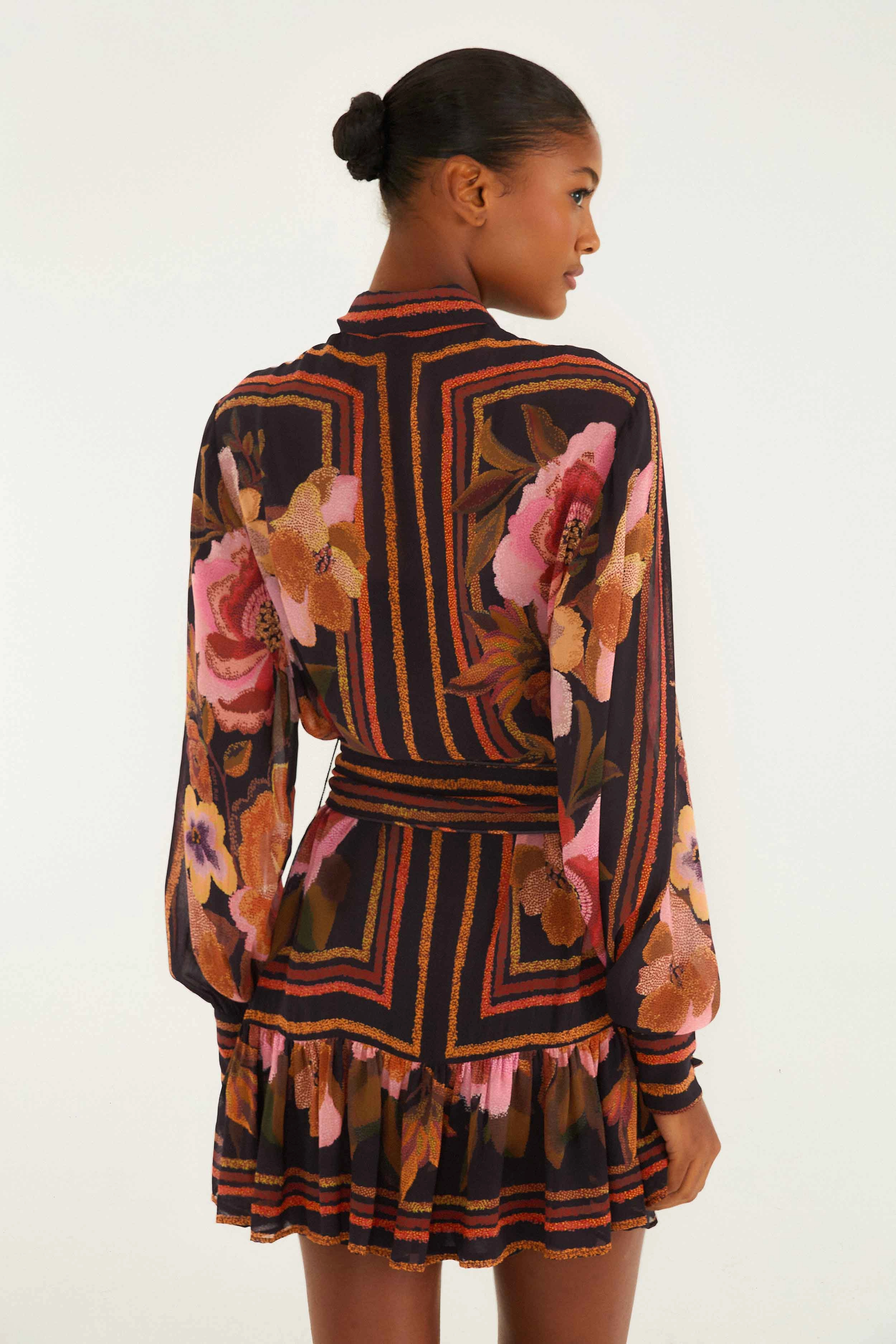 Work or Casual Flexible Layers Black Chenille Flowers Belted Long Sleeve Mini Dress Elasticated Back Panel